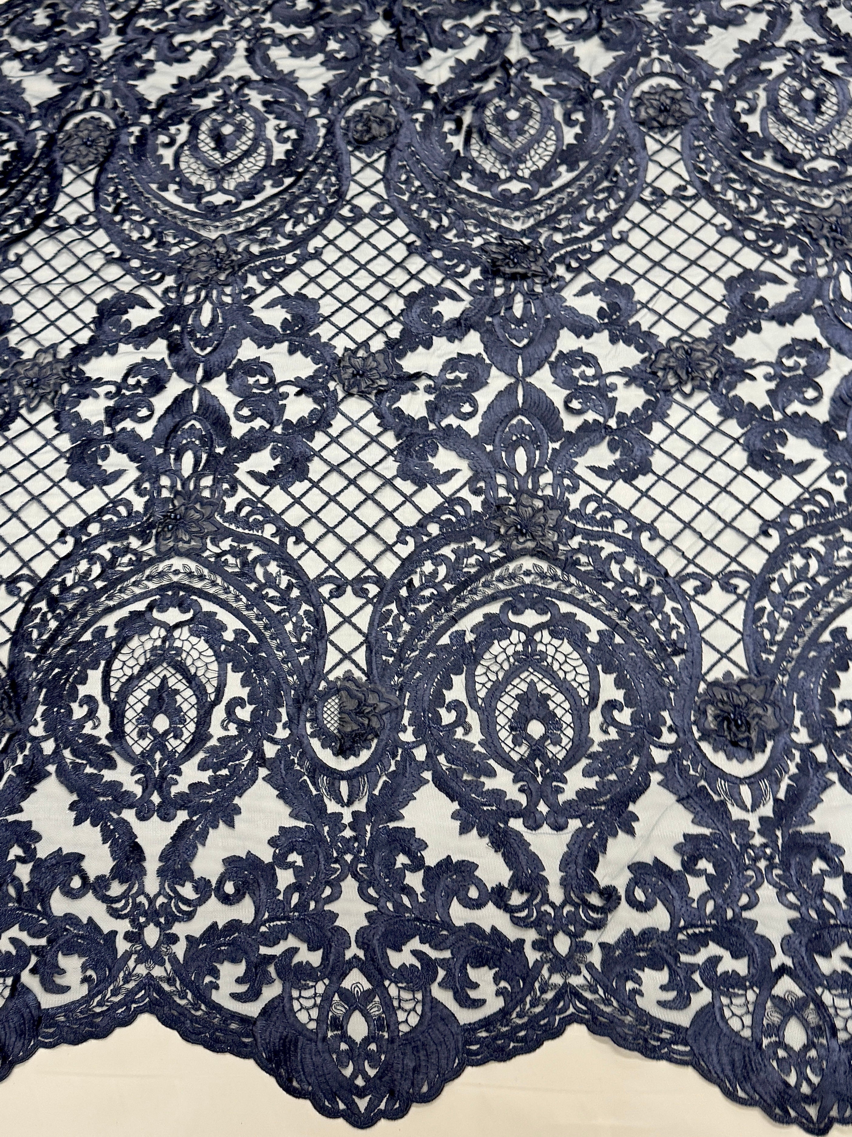 Navy Baroque Embroidered Scalloped Lace, Fabric Store, Sewing Store, Cheap Fabric Store, Kiki Textiles, Textile by the Yard