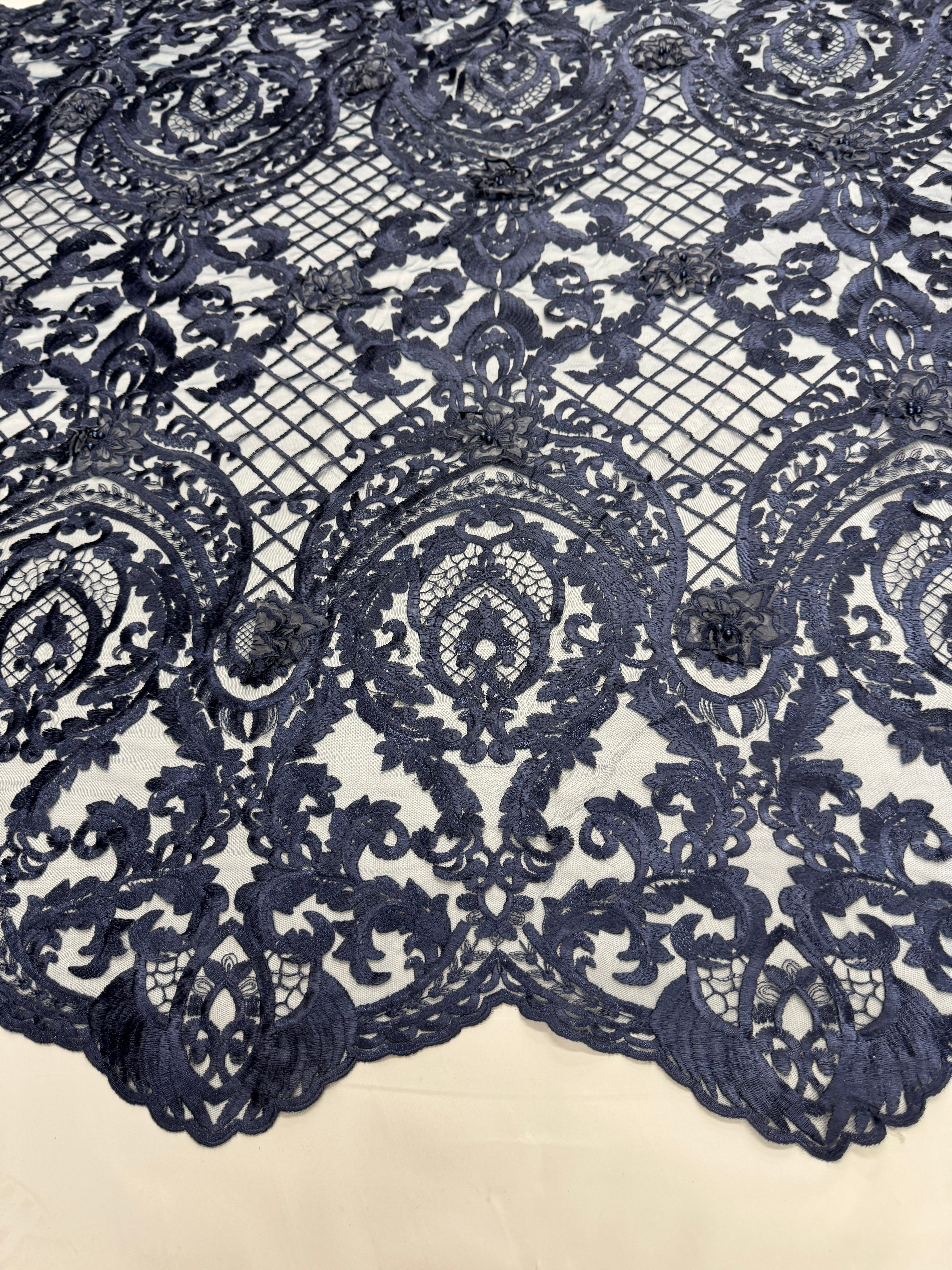 Navy Baroque Embroidered Scalloped Lace, Embroidered Lace Fabric, Embroidered Lace, Embellished Lace Fabric, Luxury Lace Fabric, Fancy Lace Fabric