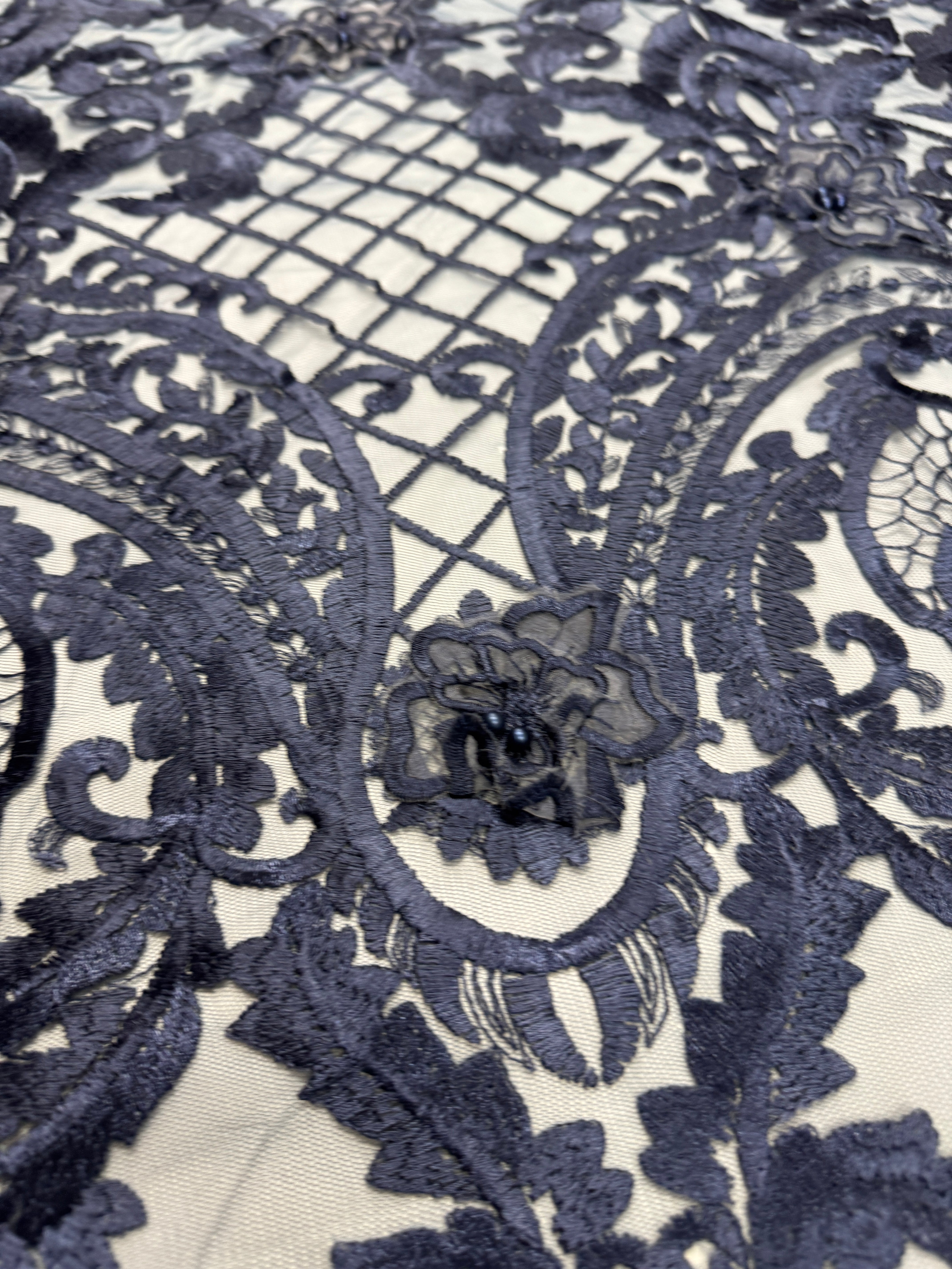 Navy Baroque Embroidered Scalloped Lace