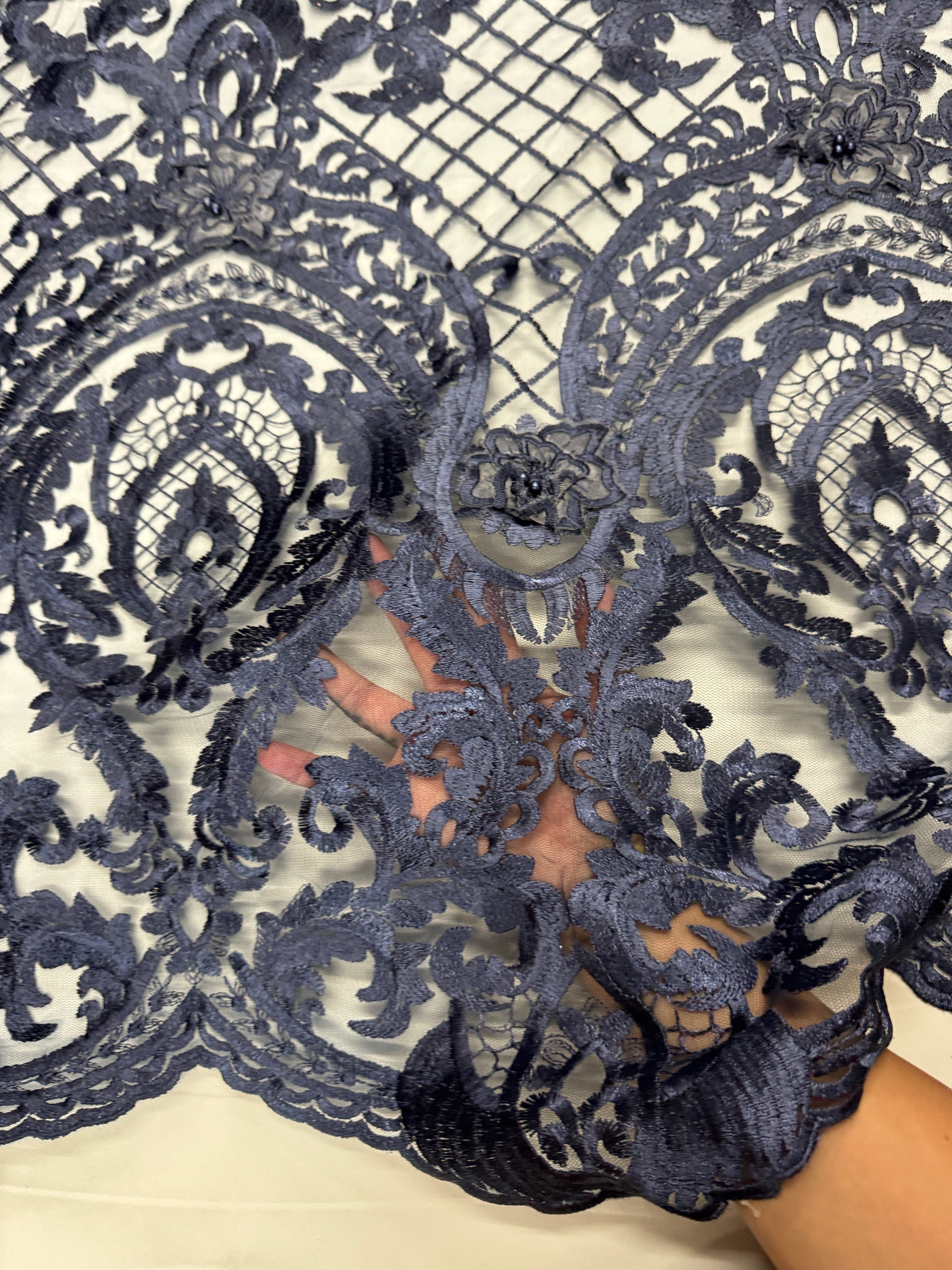 Navy Baroque Embroidered Scalloped Lace, Fabric Store, Sewing Store, Cheap Fabric Store, Kiki Textiles, Textile by the Yard