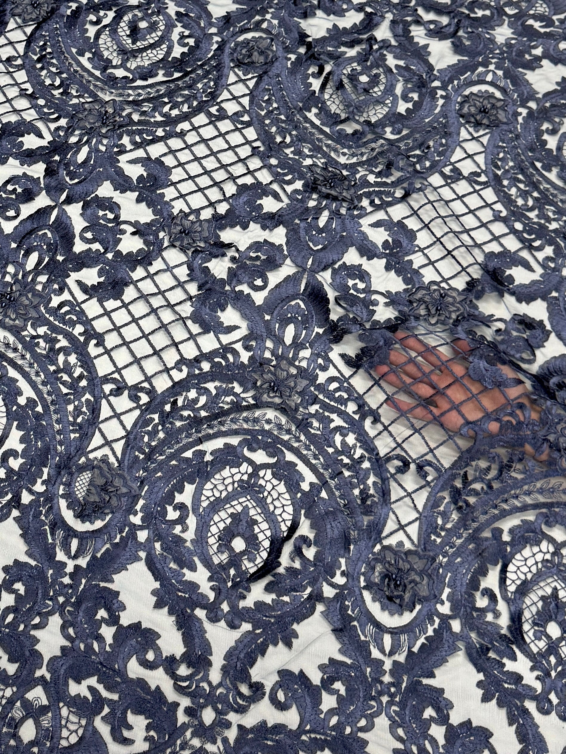 Navy Baroque Embroidered Scalloped Lace, Embroidered Lace Fabric, Embroidered Lace, Embellished Lace Fabric, Luxury Lace Fabric, Fancy Lace Fabric
