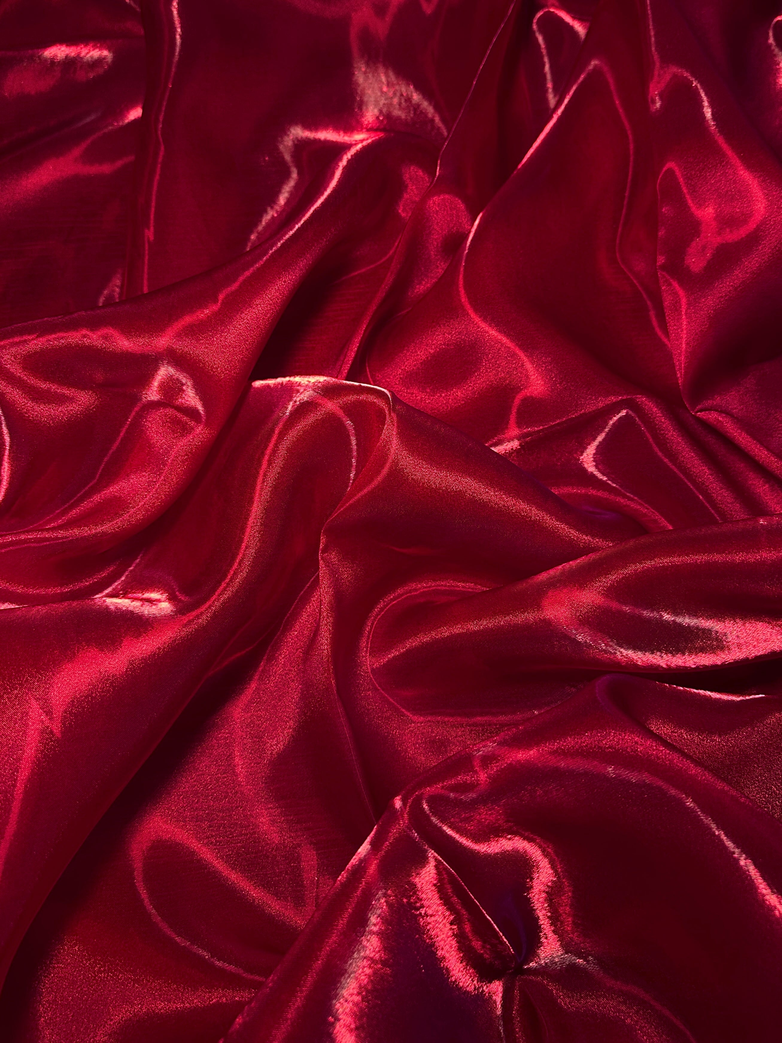 Cranberry Red Liquid Shimmery Organza, Shiny Organza Cloth, Sheer Shimmer Organza, Glossy Organza Textile, Luxury Organza Fabric, Lightweight Shimmer Fabric
