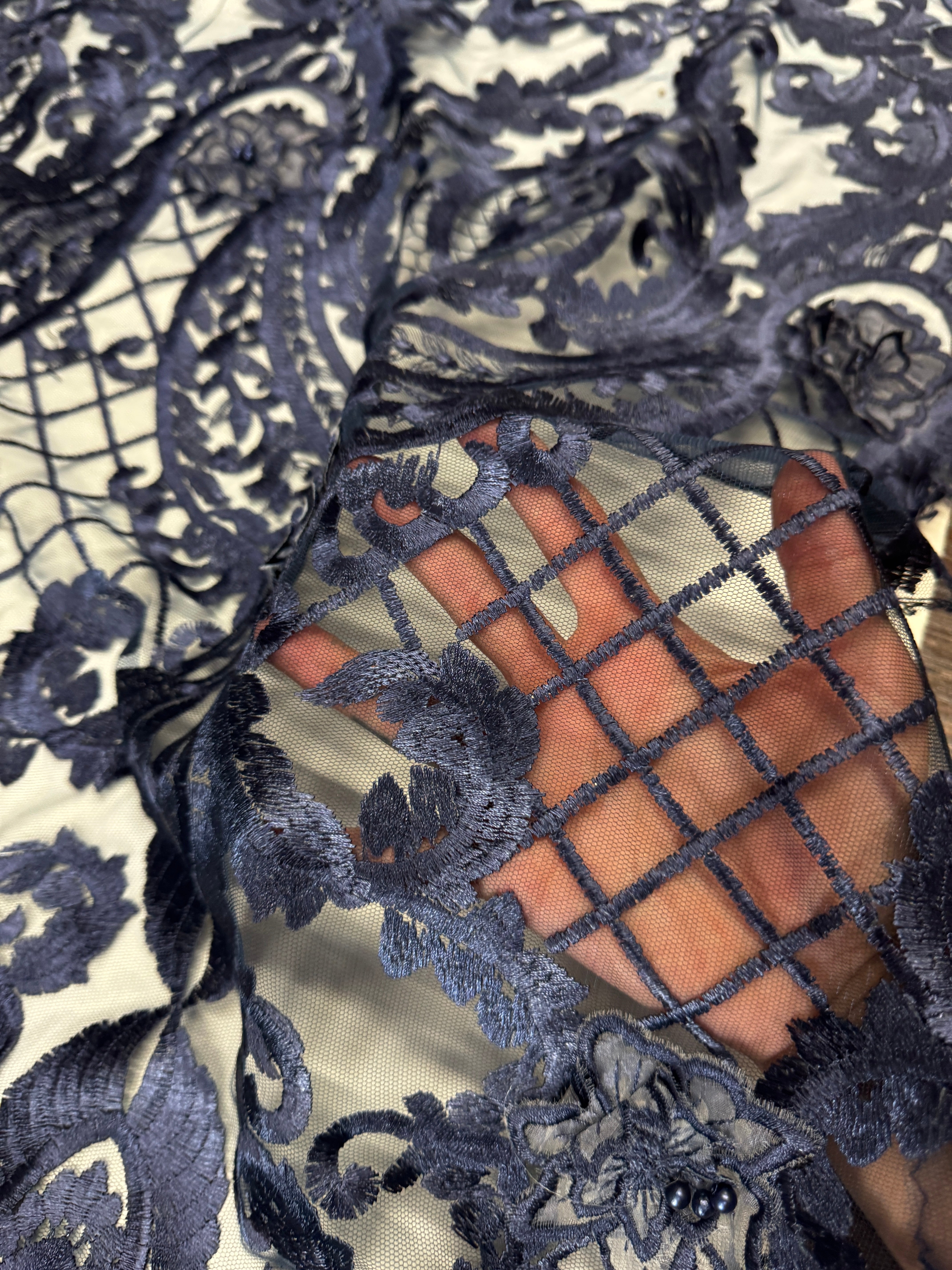 Navy Baroque Embroidered Scalloped Lace, Fabric Store, Sewing Store, Cheap Fabric Store, Kiki Textiles, Textile by the Yard