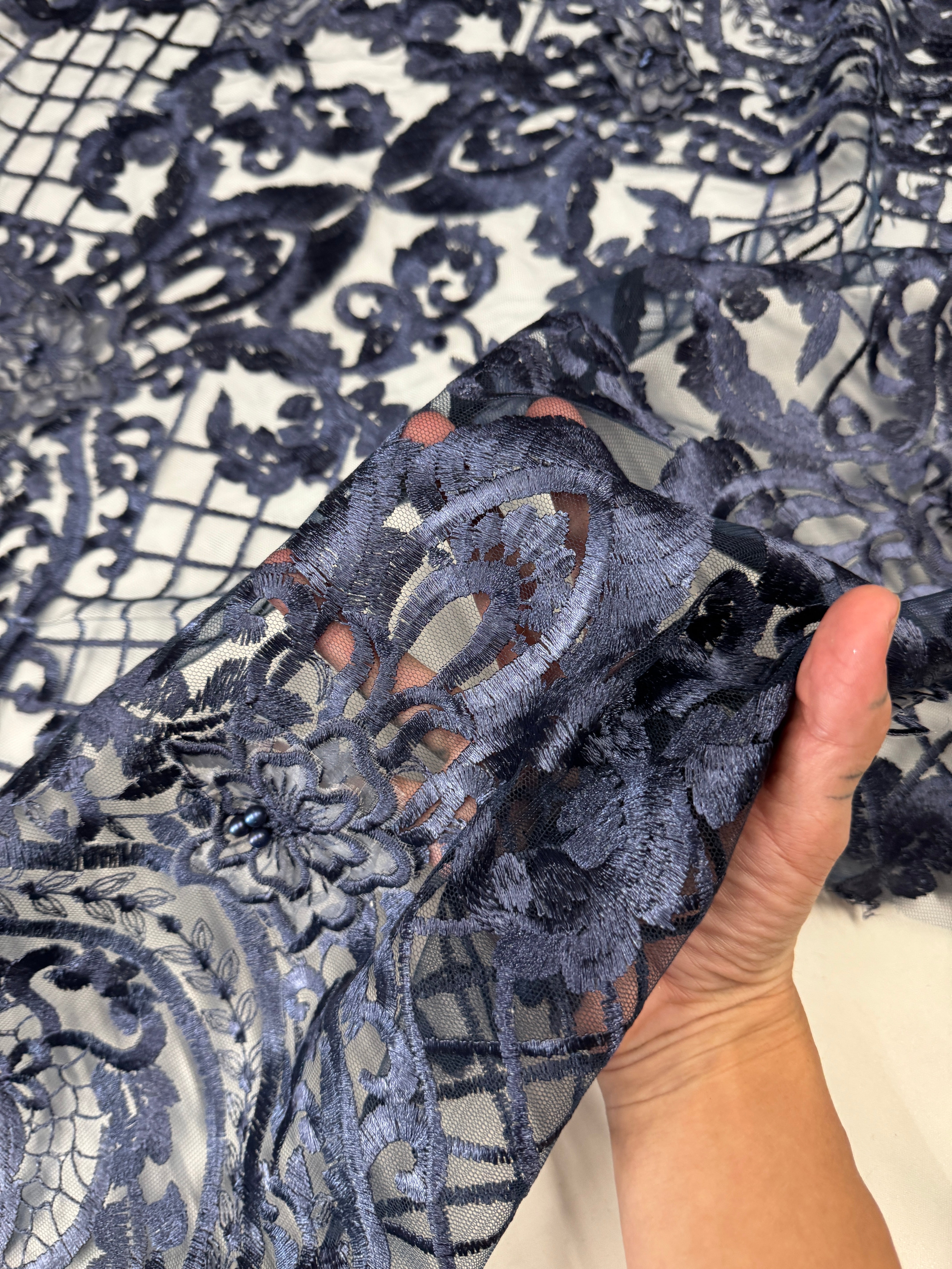 Navy Baroque Embroidered Scalloped Lace, Fabric Store, Sewing Store, Cheap Fabric Store, Kiki Textiles, Textile by the Yard