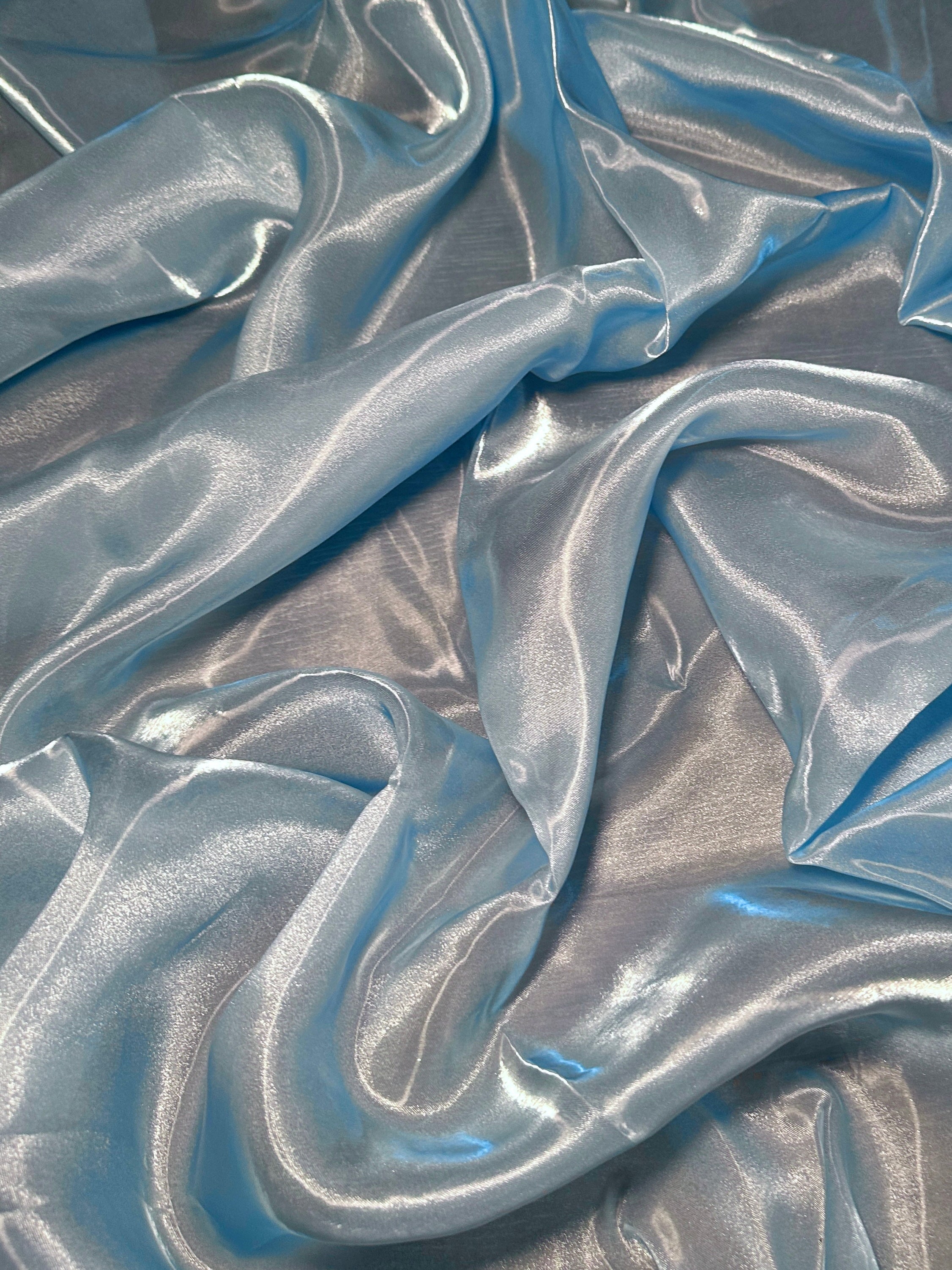 Baby Blue Liquid Shimmery Organza, Metallic Organza Fabric, Shiny Organza Cloth, Sheer Shimmer Organza, Glossy Organza Textile, Luxury Organza Fabric, Lightweight Shimmer Fabric