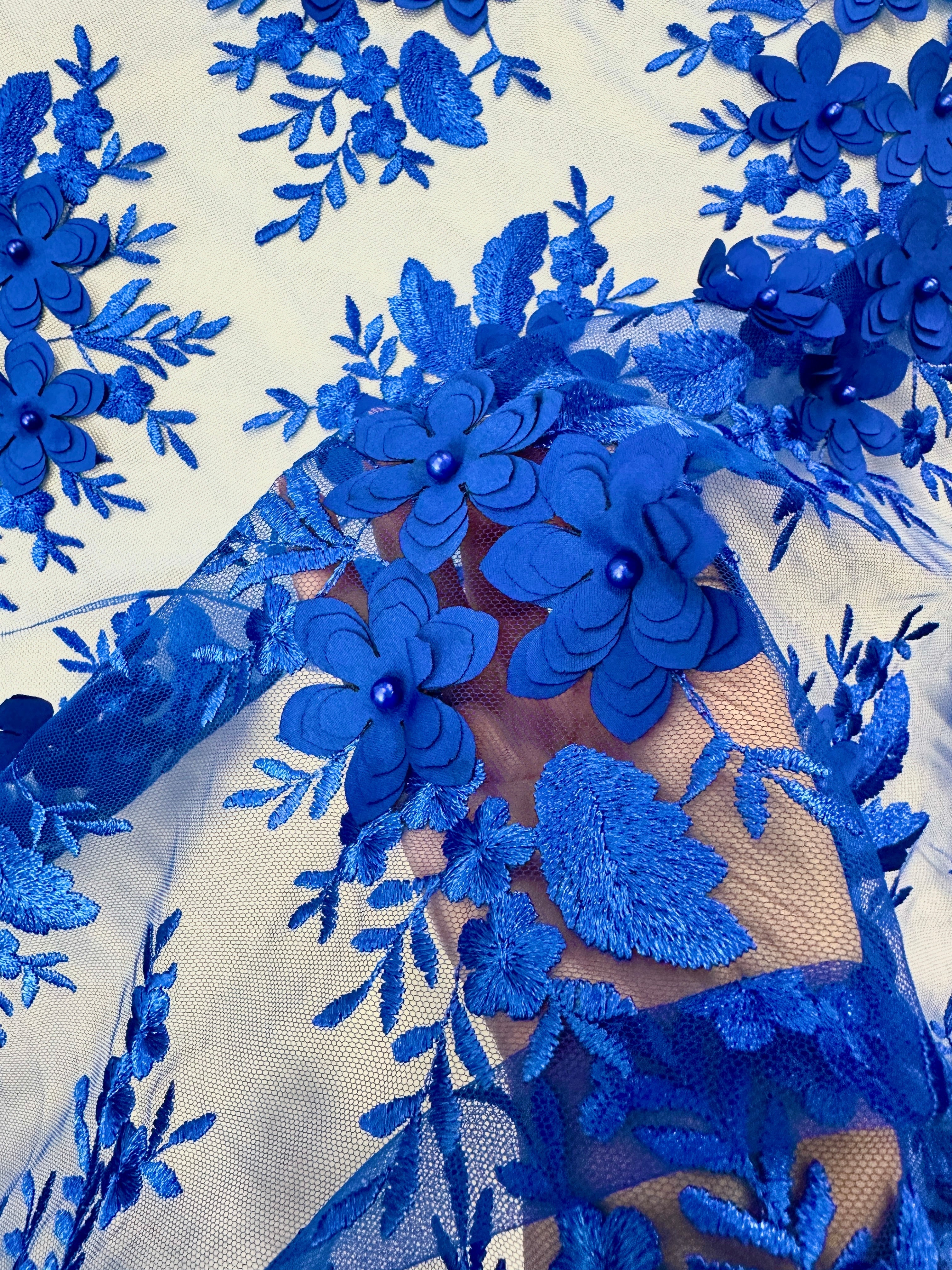 Royal Blue 3D Floral Scalloped Mesh Lace, Royal Blue Mesh, Nude lace mesh, lace mesh for woman, lace mesh for bride, lace mesh on sale, lace mesh on discount