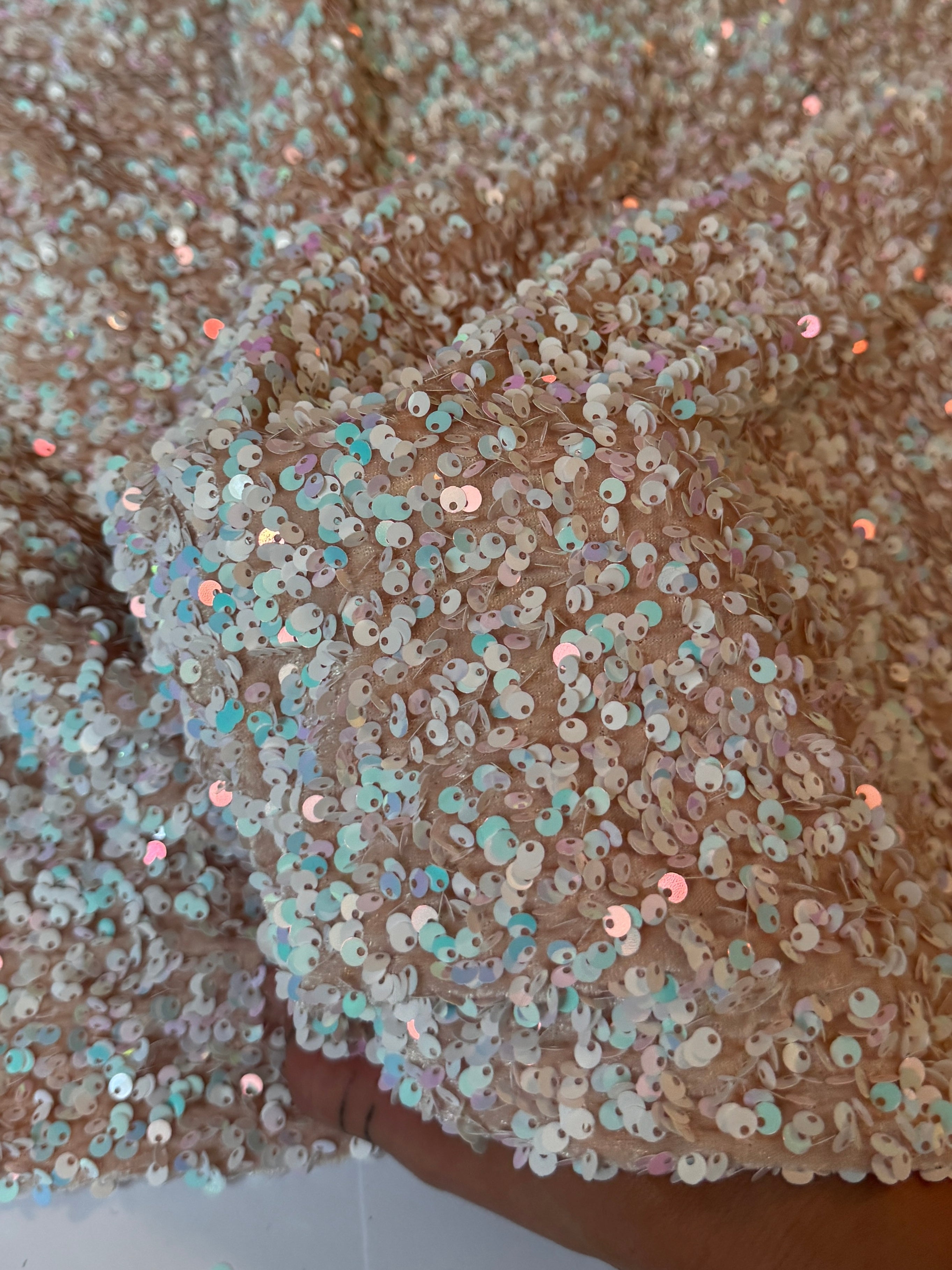 Champagne Iridescent Sequin on Velvet (Exclusive Color), Sequin on velvet, Sequin velvet for woman, Sequin velvet for bride, Sequin velvet on discount, Velvet fabric for dress