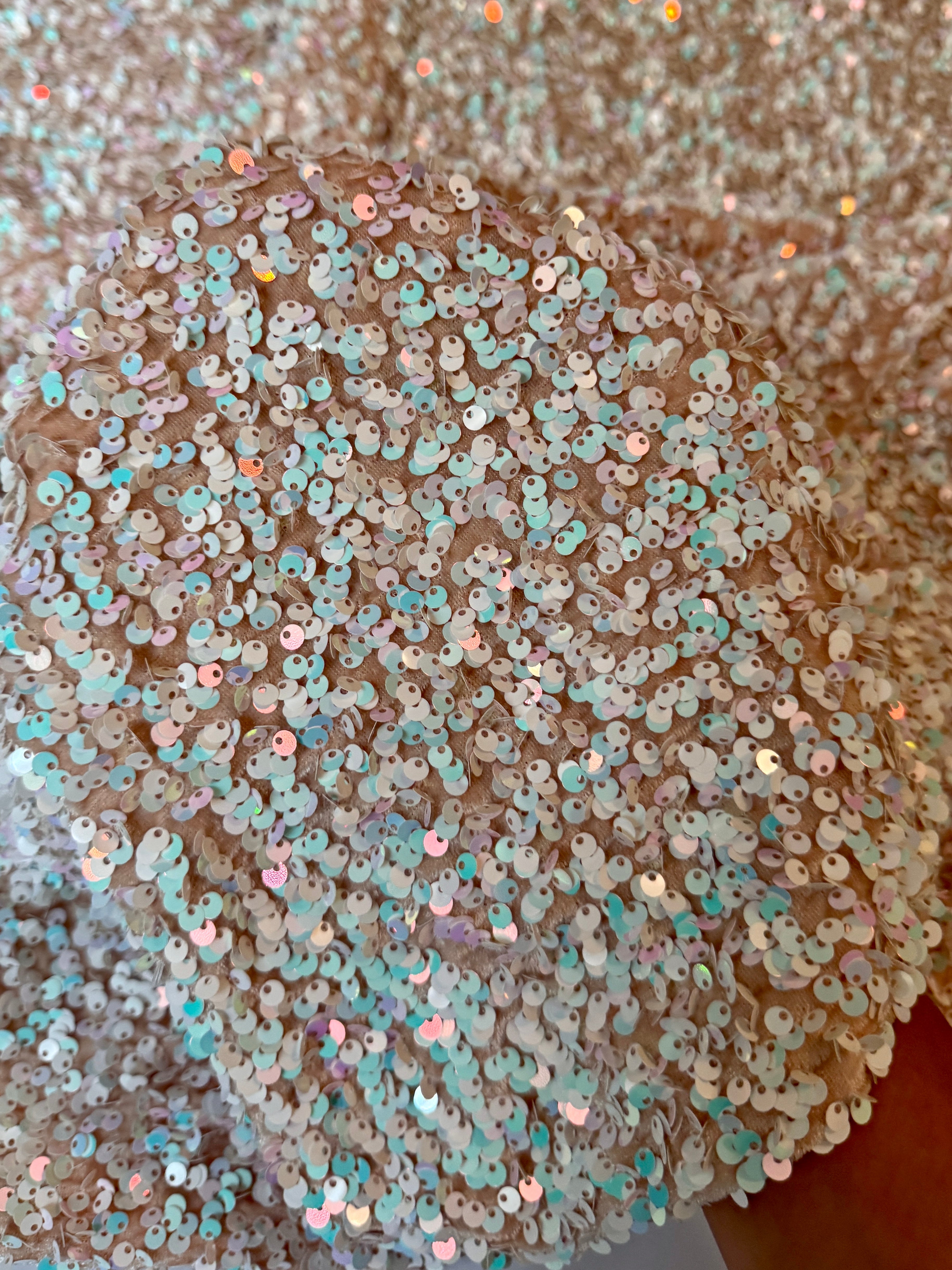 Champagne Iridescent Sequin on Velvet (Exclusive Color), Sequin on velvet, Sequin velvet for woman, Sequin velvet for bride, Sequin velvet on discount, Velvet fabric for dress