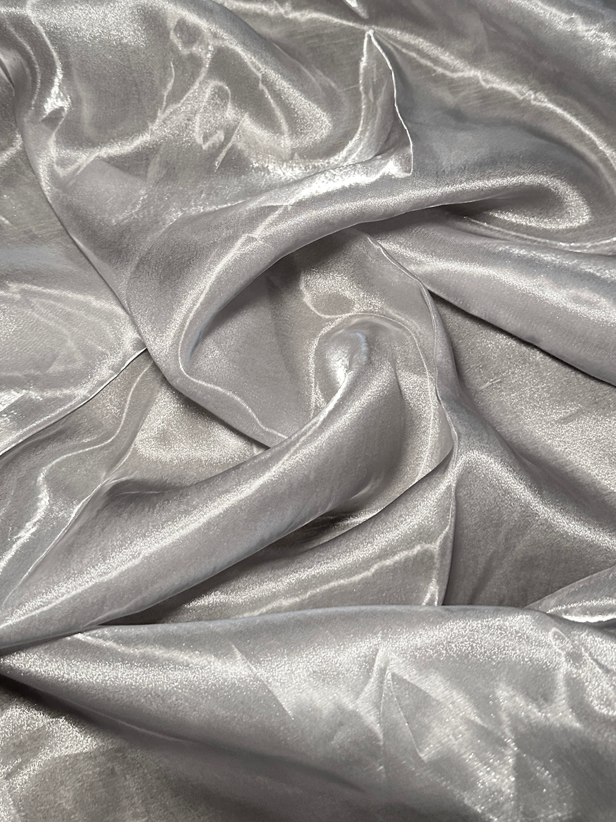 Silver Liquid Shimmery Organza, Metallic Organza Fabric, Shiny Organza Cloth, Sheer Shimmer Organza, Glossy Organza Textile, Luxury Organza Fabric, Lightweight Shimmer Fabric
