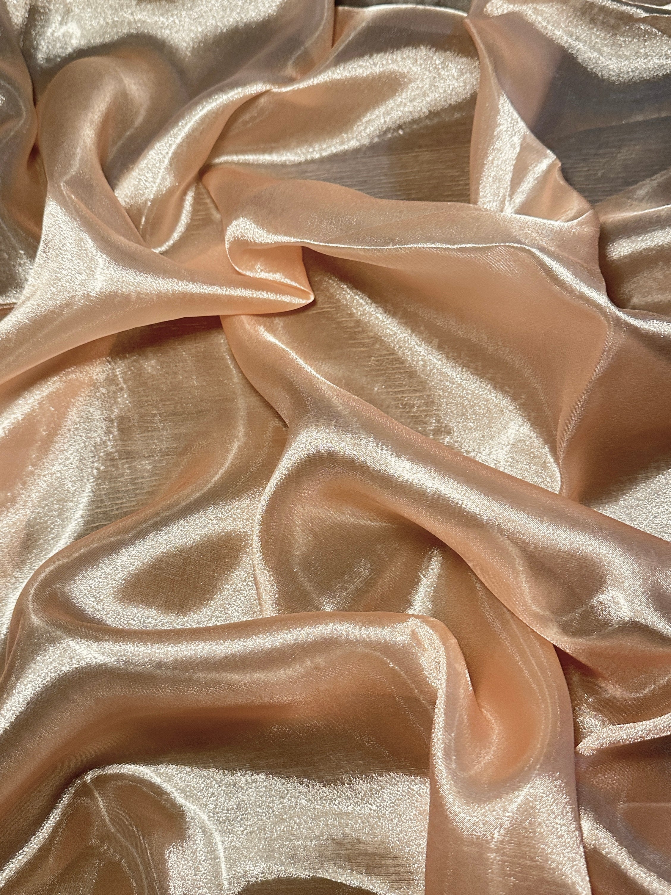 Light Peach Liquid Shimmery Organza, Shiny Organza Cloth, Sheer Shimmer Organza, Glossy Organza Textile, Luxury Organza Fabric, Lightweight Shimmer Fabric