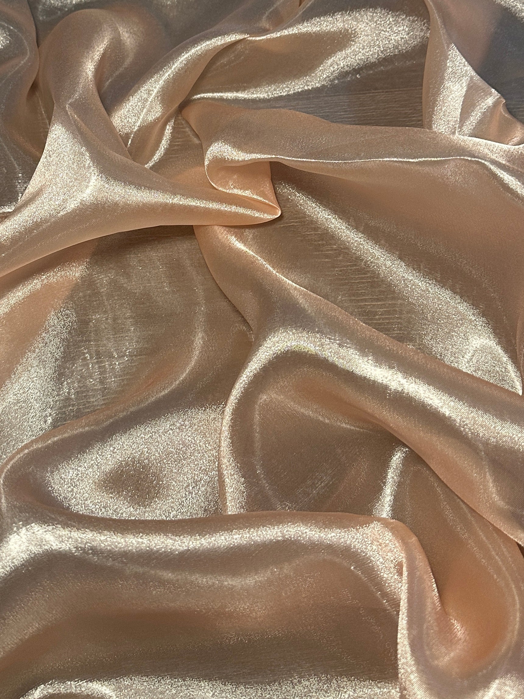 Light Peach Liquid Shimmery Organza, Shiny Organza Cloth, Sheer Shimmer Organza, Glossy Organza Textile, Luxury Organza Fabric, Lightweight Shimmer Fabric