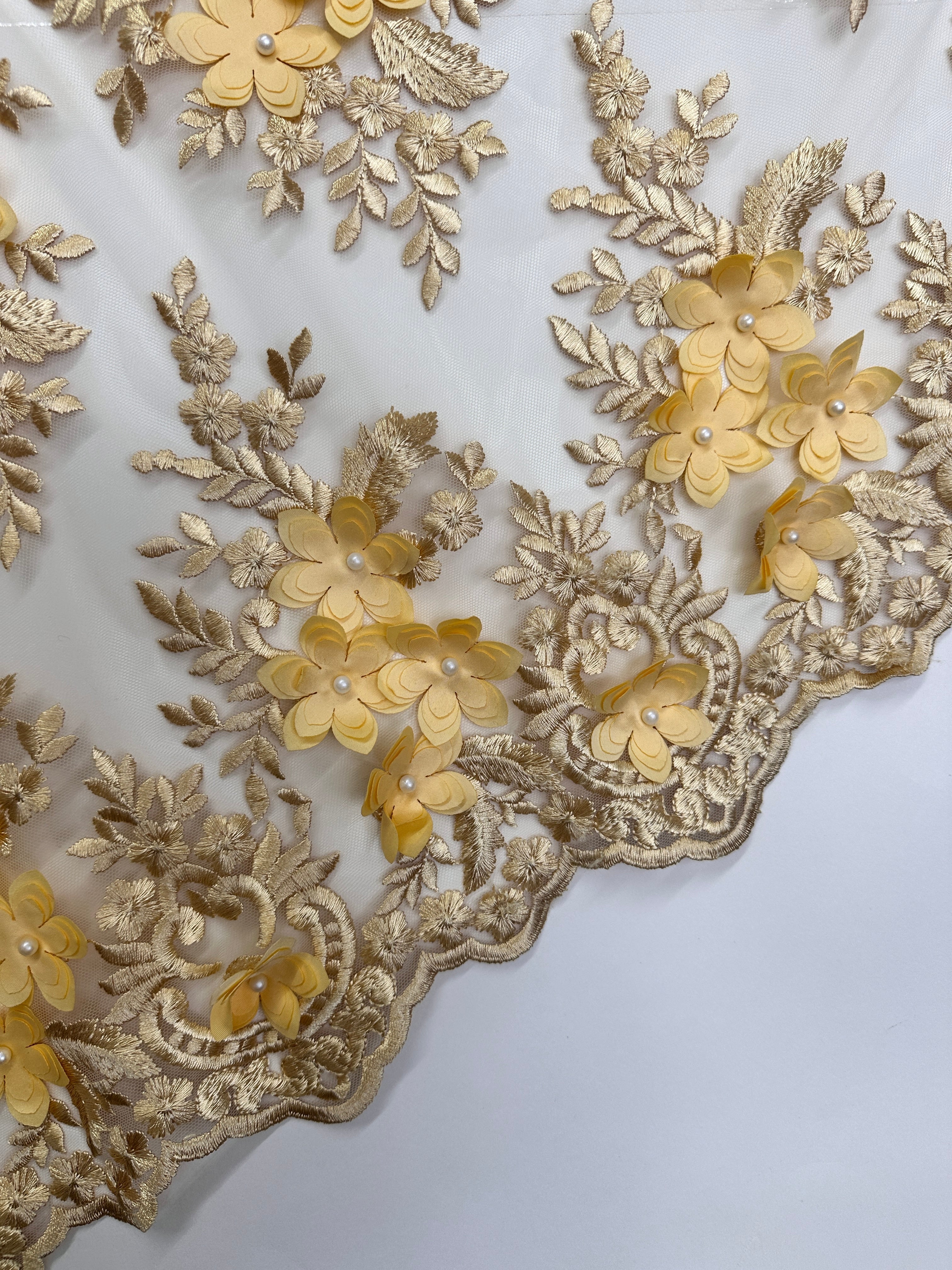Gold 3D Flower Scalloped Mesh Lace, online textile store, sewing, fabric store, sewing store, cheap fabric store, kiki textiles