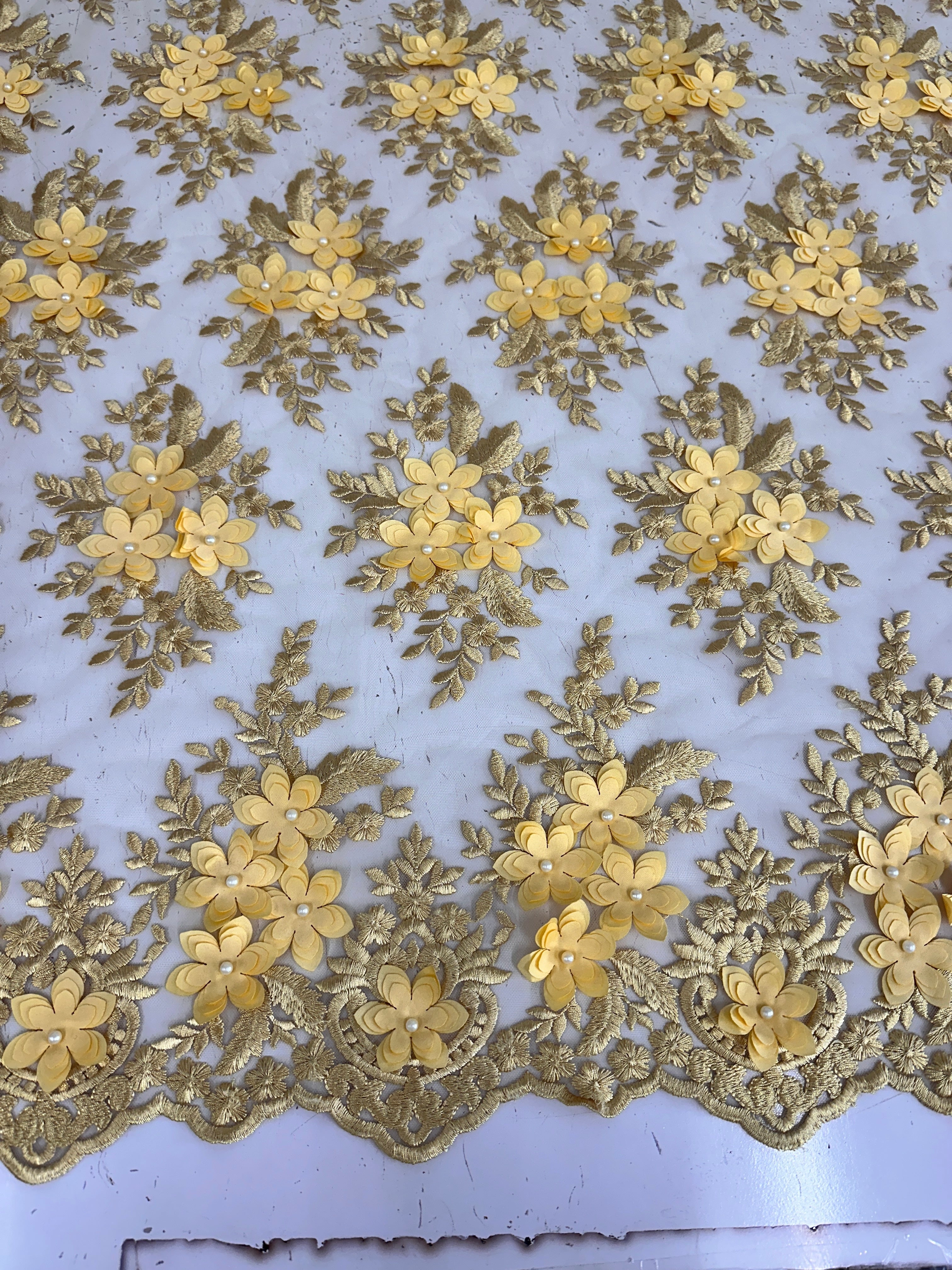 Gold 3D Flower Scalloped Mesh Lace, Gold Mesh, Nude lace mesh, lace mesh for woman, lace mesh for bride, lace mesh on sale, lace mesh on discount