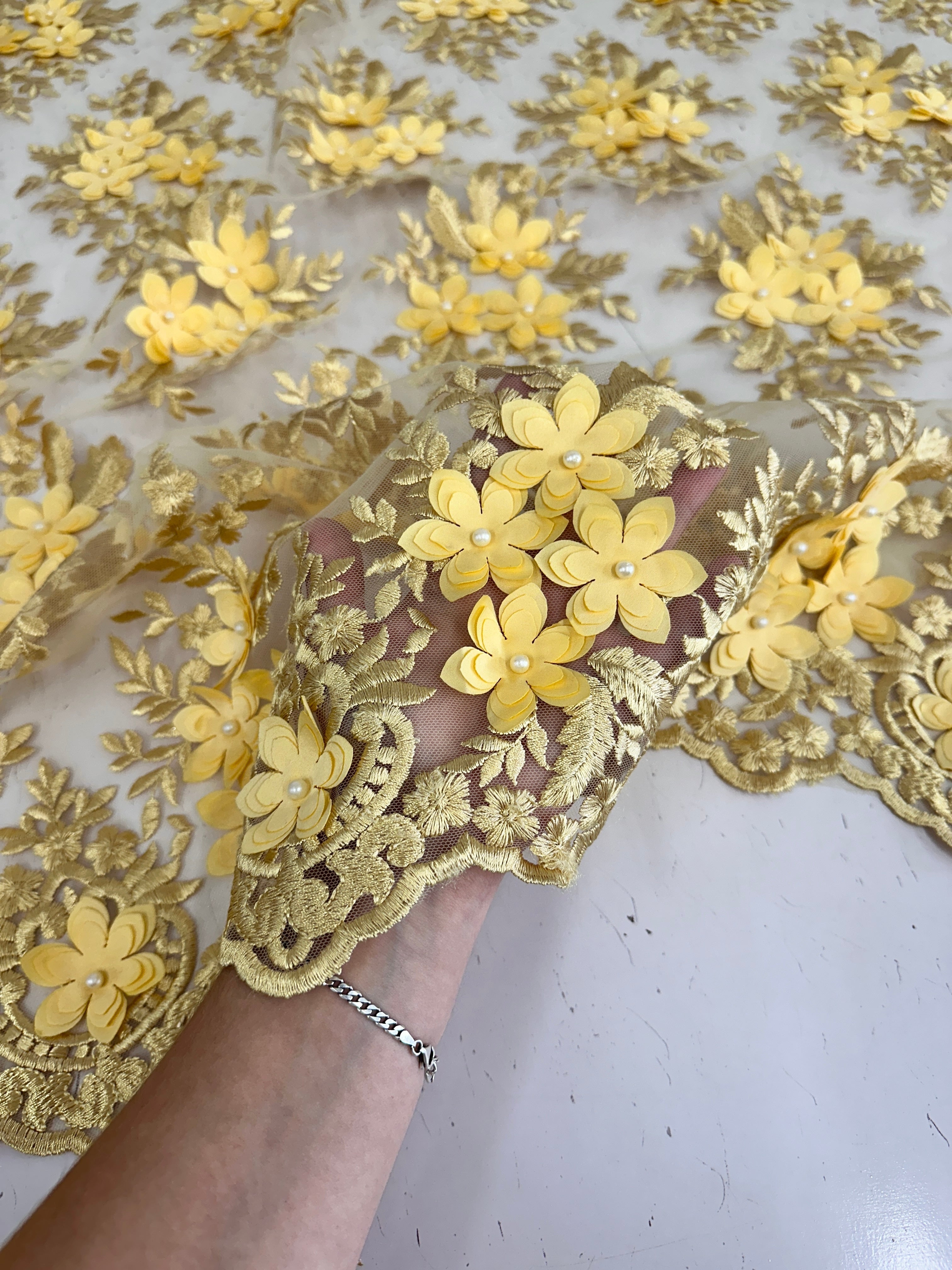 Gold 3D Flower Scalloped Mesh Lace, online textile store, sewing, fabric store, sewing store, cheap fabric store, kiki textiles