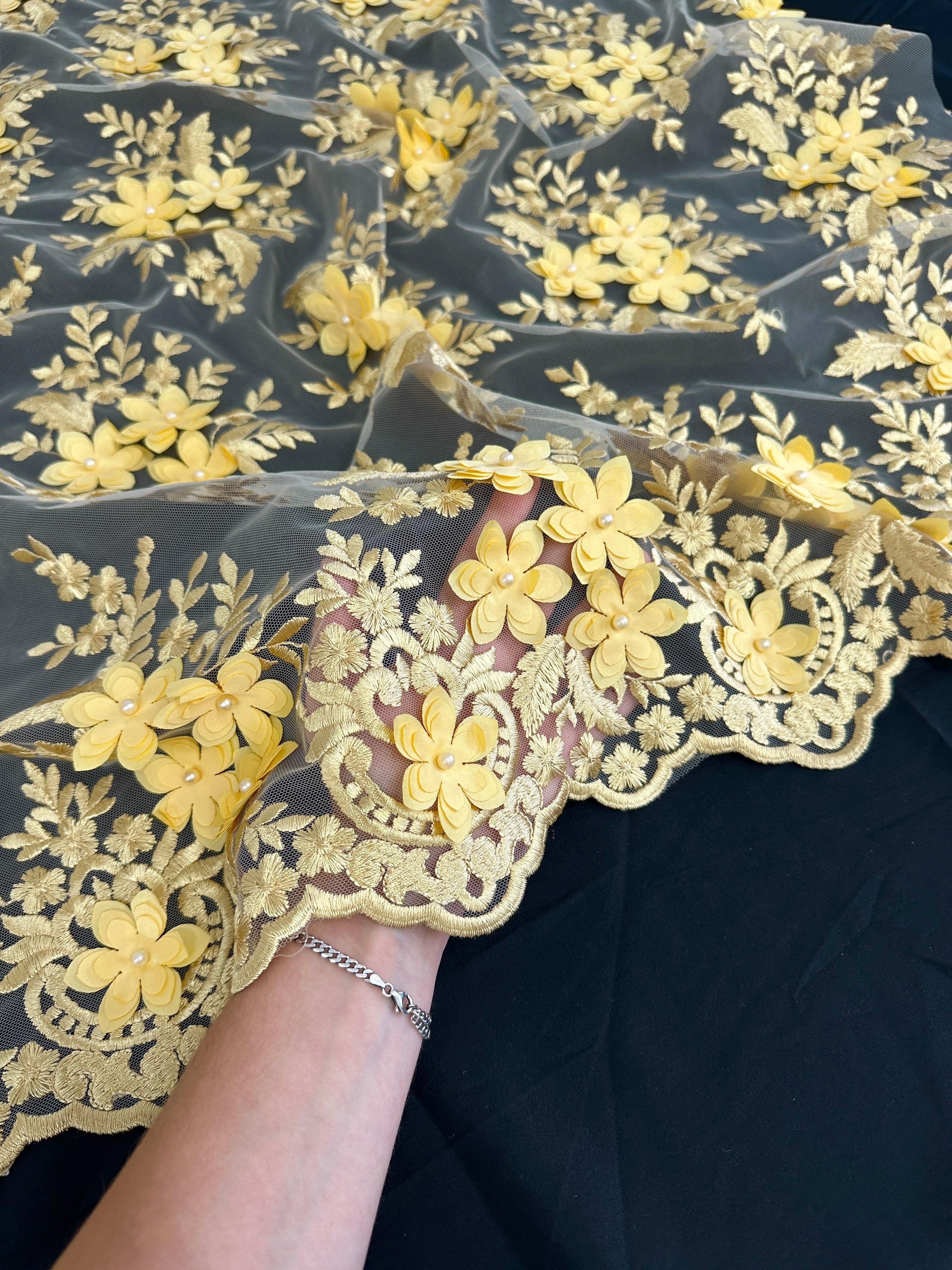 Gold 3D Flower Scalloped Mesh Lace, online textile store, sewing, fabric store, sewing store, cheap fabric store, kiki textiles