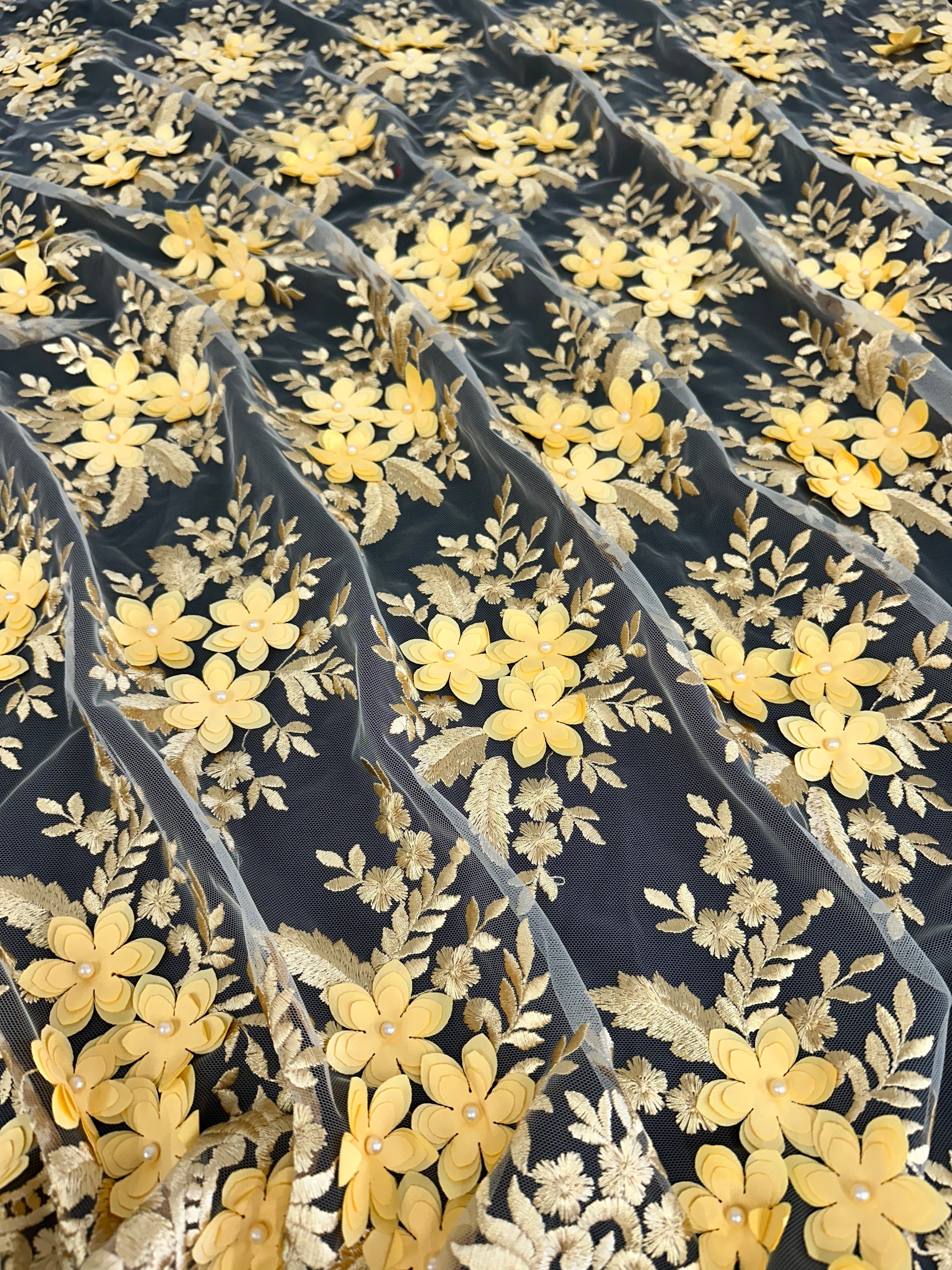 Gold 3D Flower Scalloped Mesh Lace, online textile store, sewing, fabric store, sewing store, cheap fabric store, kiki textiles