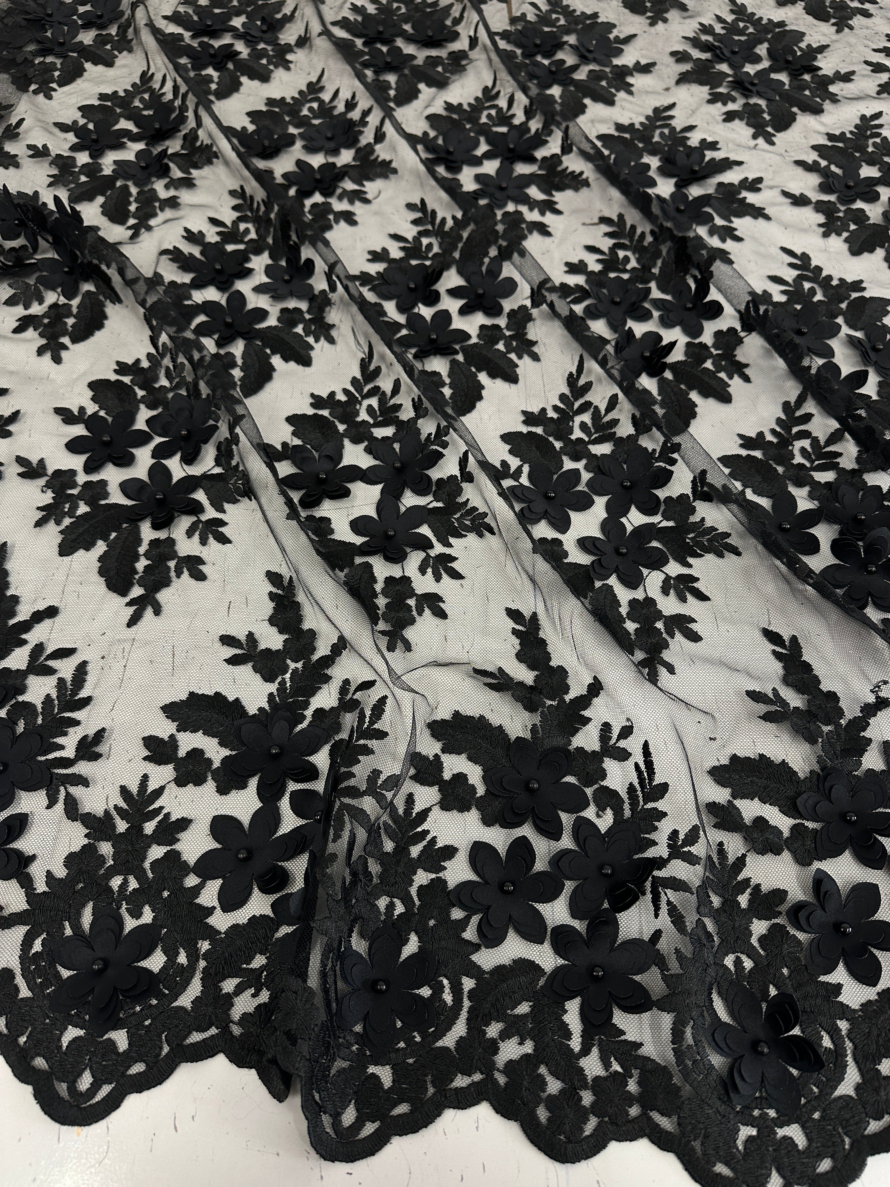 Black 3D Flower Scalloped Mesh Lace, online textile store, sewing, fabric store, sewing store, cheap fabric store, kiki textiles