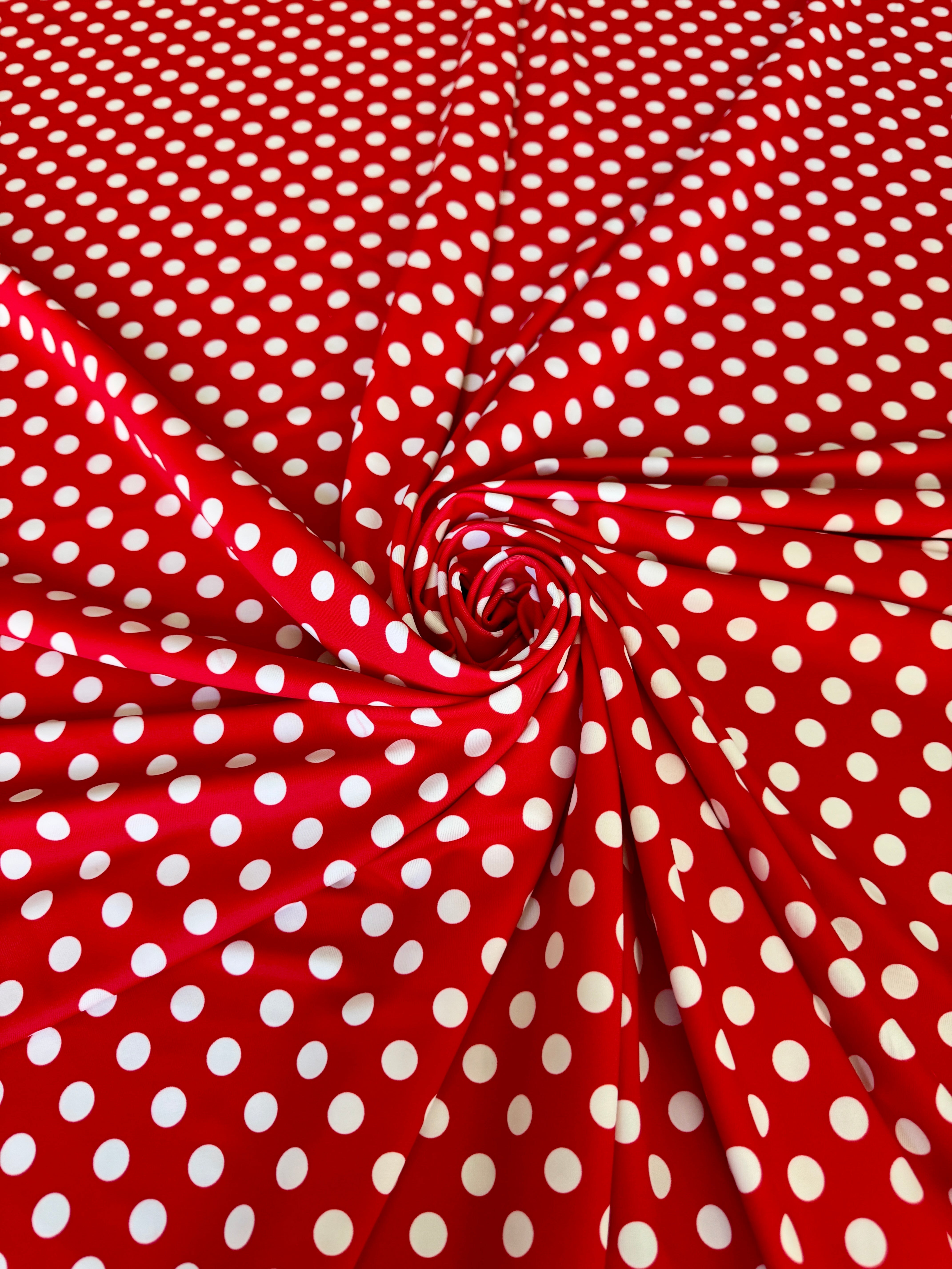 Red Polka Dot Nylon Spandex, Nylon Spandex Print, Printed Spandex Fabric, Stretch Print Fabric, Printed Stretch Fabric, Spandex Print Fabric, Printed Fabric Stretch