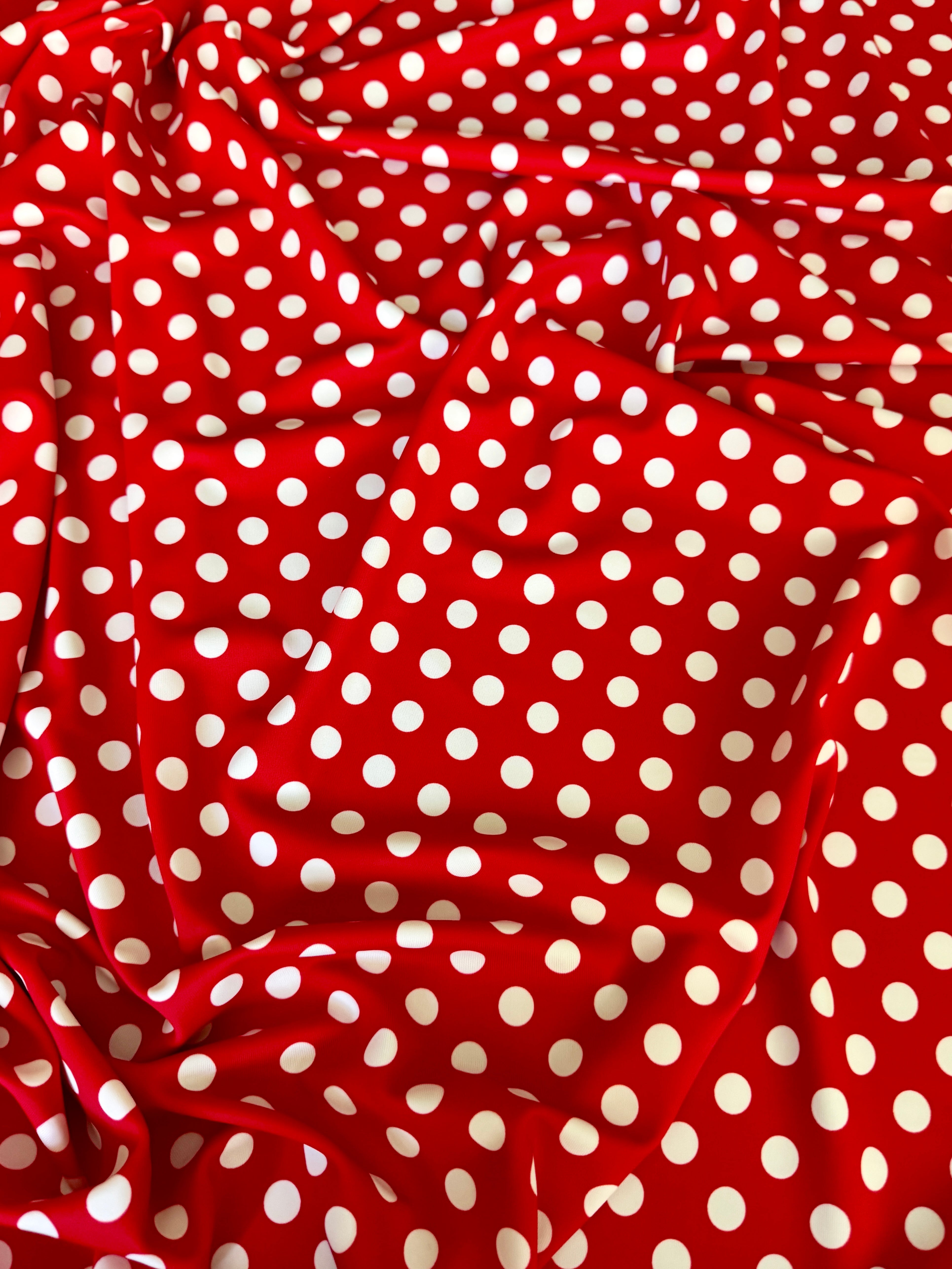 Red Polka Dot Nylon Spandex, Nylon Spandex Print, Printed Spandex Fabric, Stretch Print Fabric, Printed Stretch Fabric, Spandex Print Fabric, Printed Fabric Stretch