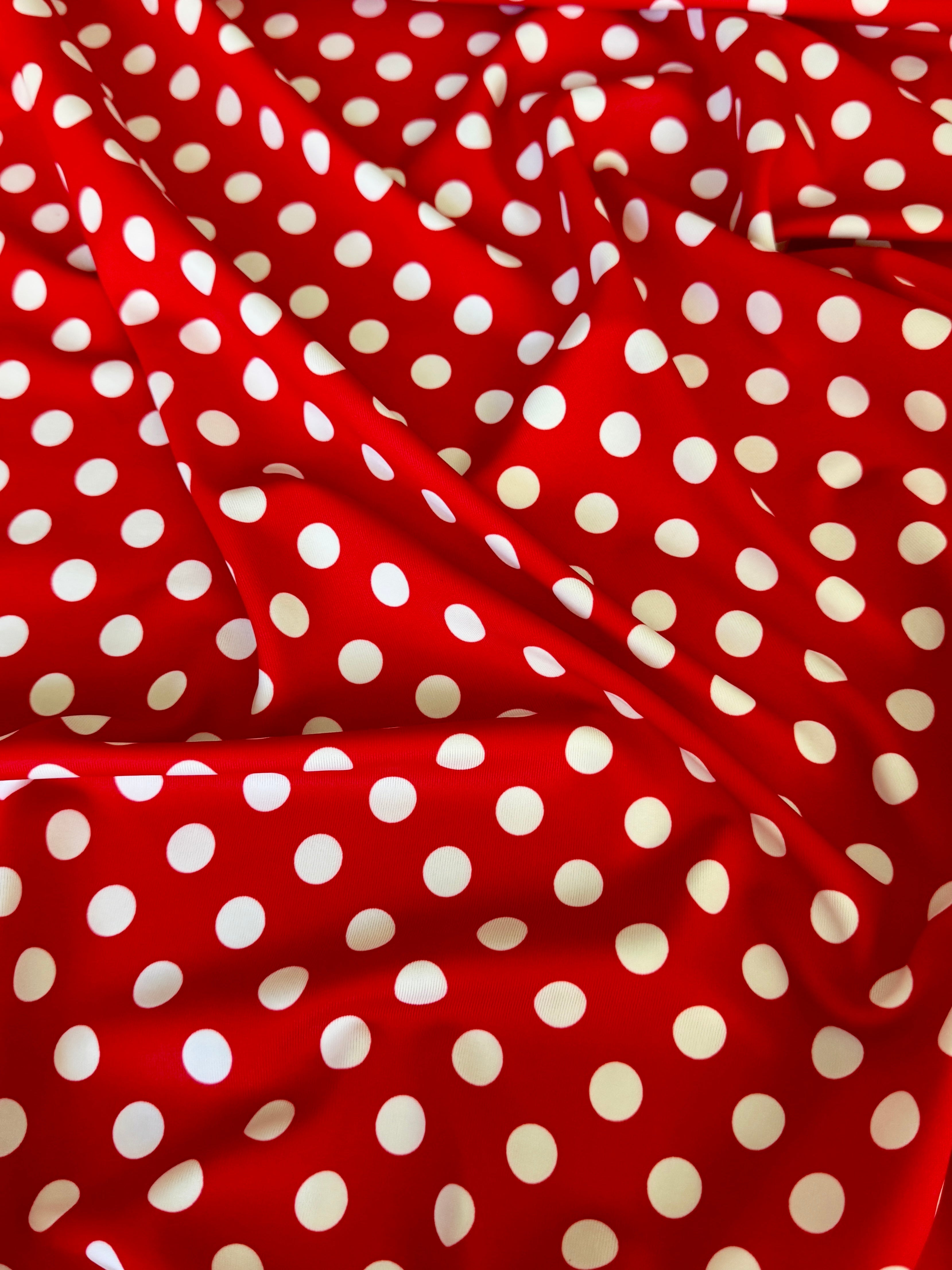 Red Polka Dot Nylon Spandex, Nylon Spandex Print, Printed Spandex Fabric, Stretch Print Fabric, Printed Stretch Fabric, Spandex Print Fabric, Printed Fabric Stretch