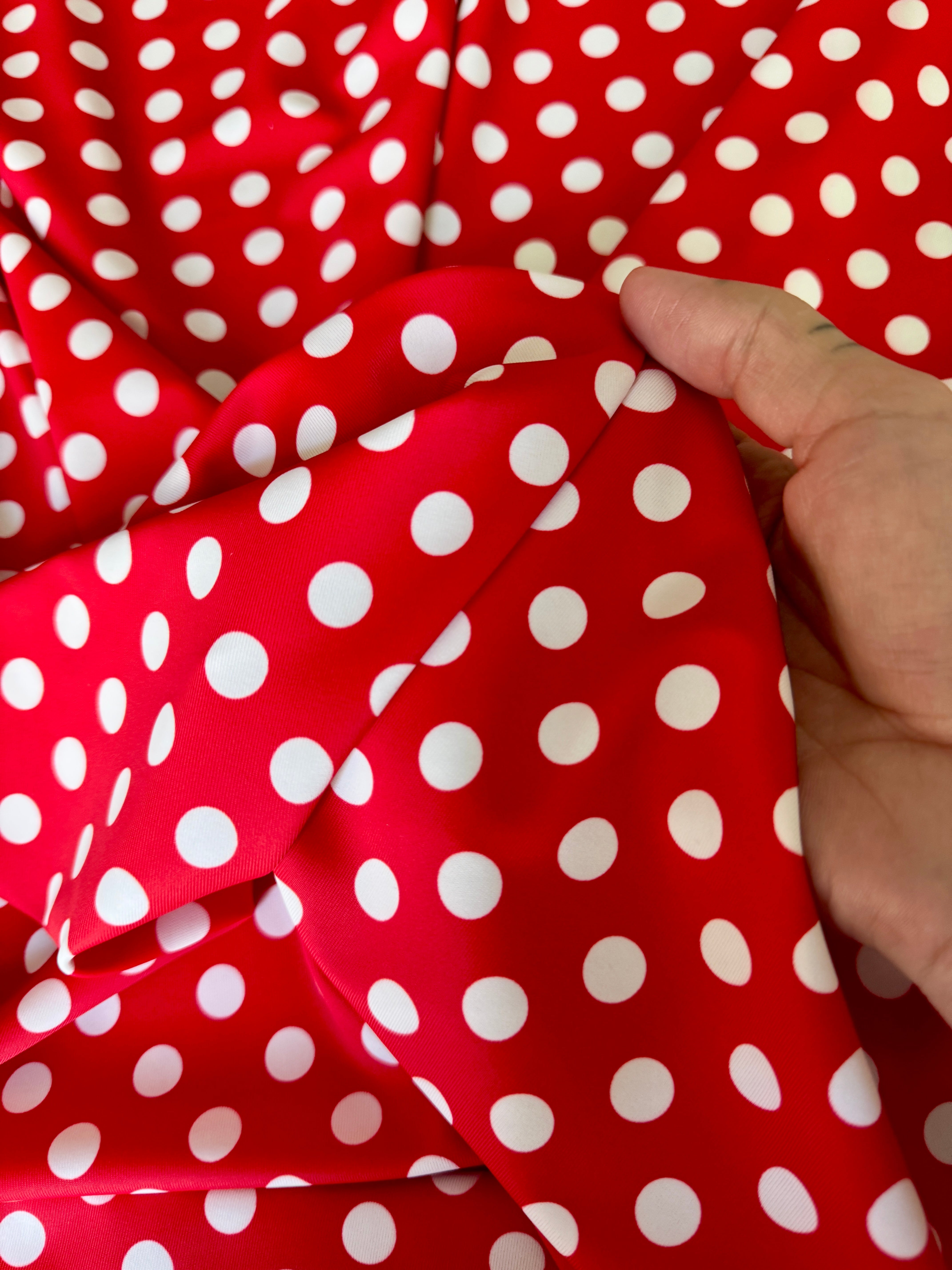 Red Polka Dot Nylon Spandex, Kiki Sewing Store, Luxury Fabric, Cheap Fabric Store, Kiki Textiles, Textile by the Yard, Los Angeles Fabrics
