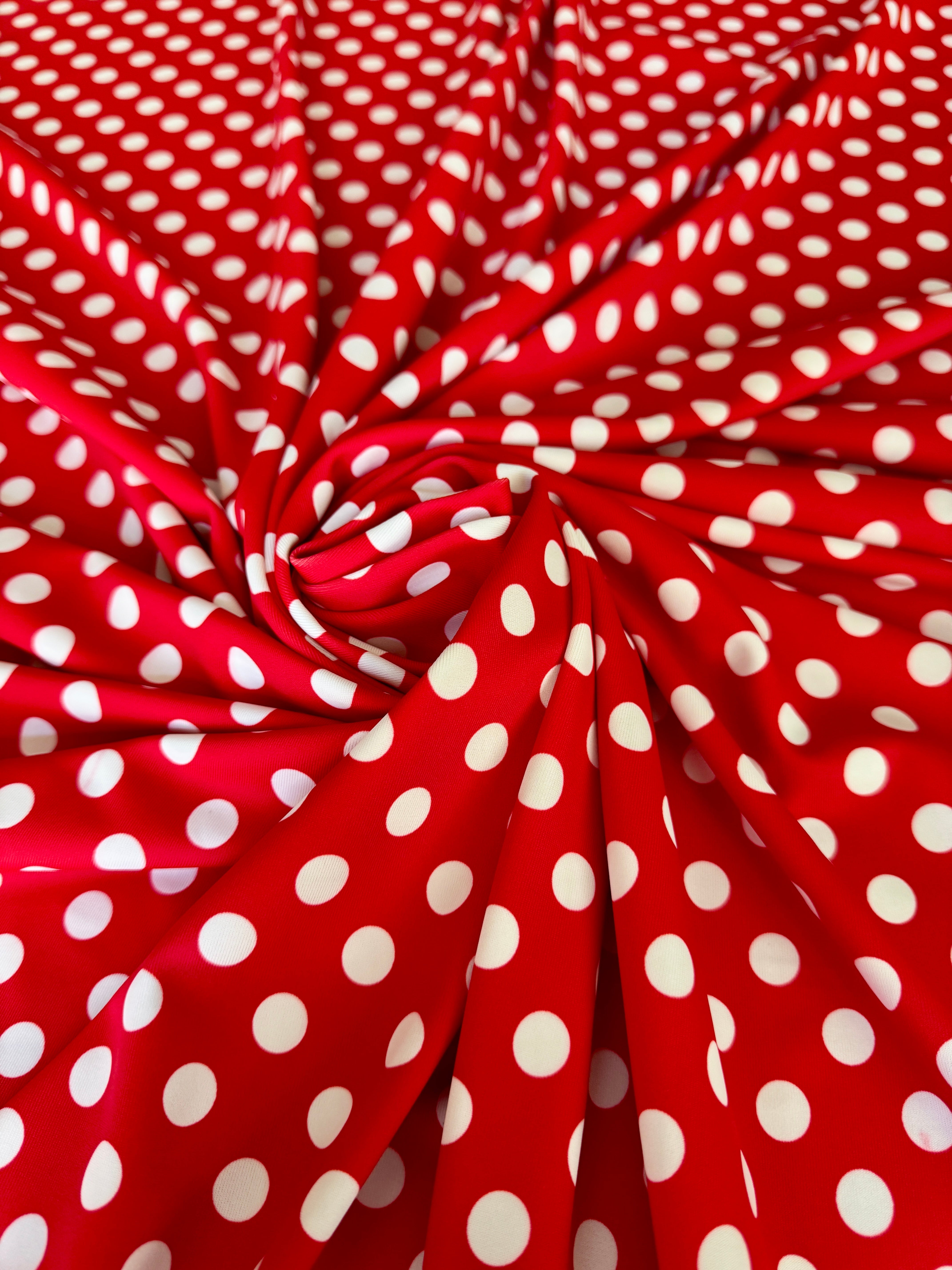 Red Polka Dot Nylon Spandex, Kiki Sewing Store, Luxury Fabric, Cheap Fabric Store, Kiki Textiles, Textile by the Yard, Los Angeles Fabrics