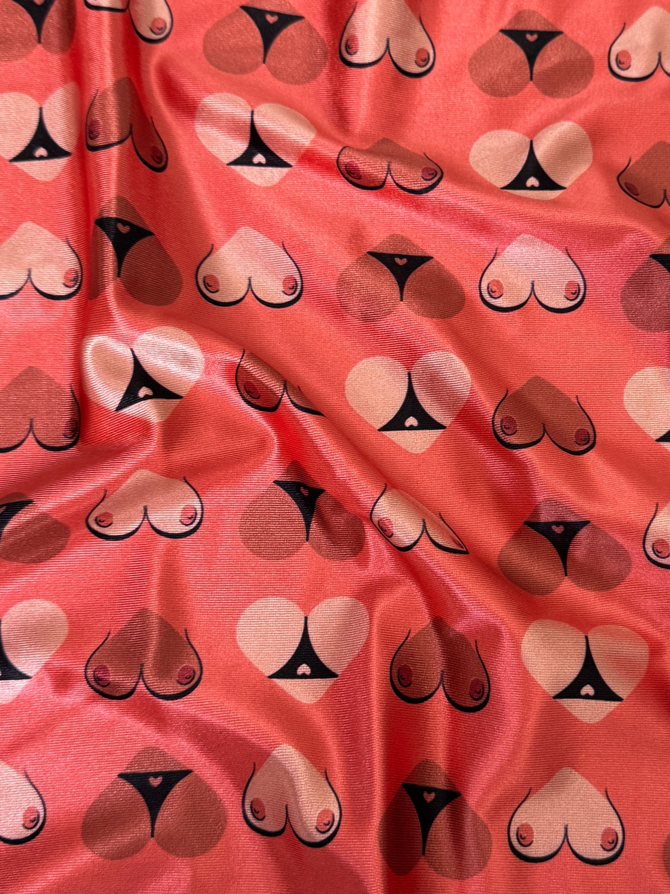 Cheeky Hearts Nylon Spandex, Nylon Spandex Print, Printed Spandex Fabric, Stretch Print Fabric, Printed Stretch Fabric, Spandex Print Fabric, Printed Fabric Stretch