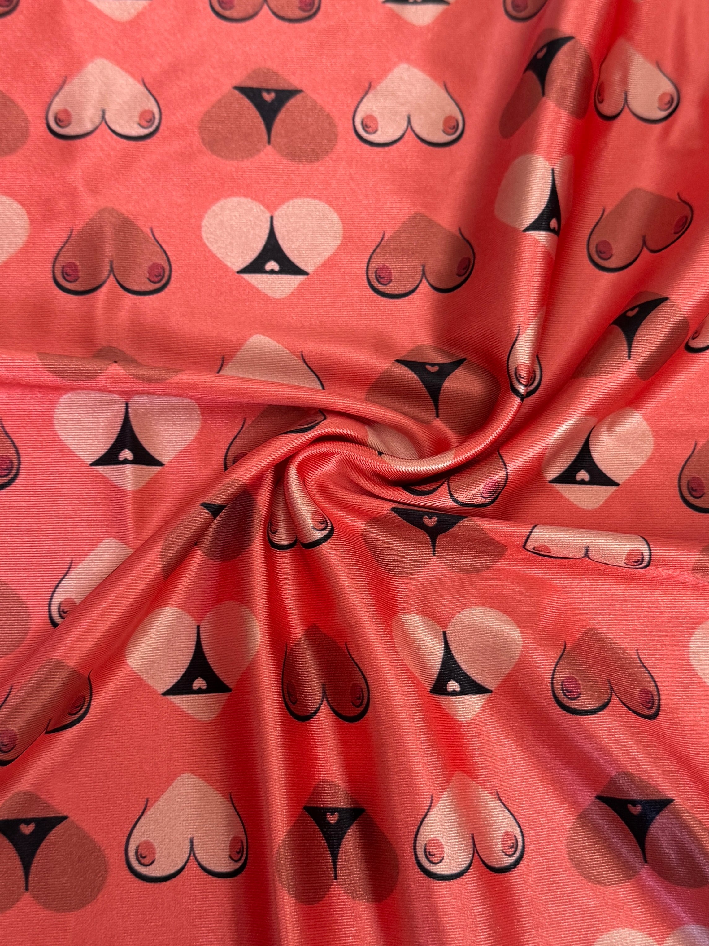 Cheeky Hearts Nylon Spandex, Nylon Spandex Print, Printed Spandex Fabric, Stretch Print Fabric, Printed Stretch Fabric, Spandex Print Fabric, Printed Fabric Stretch