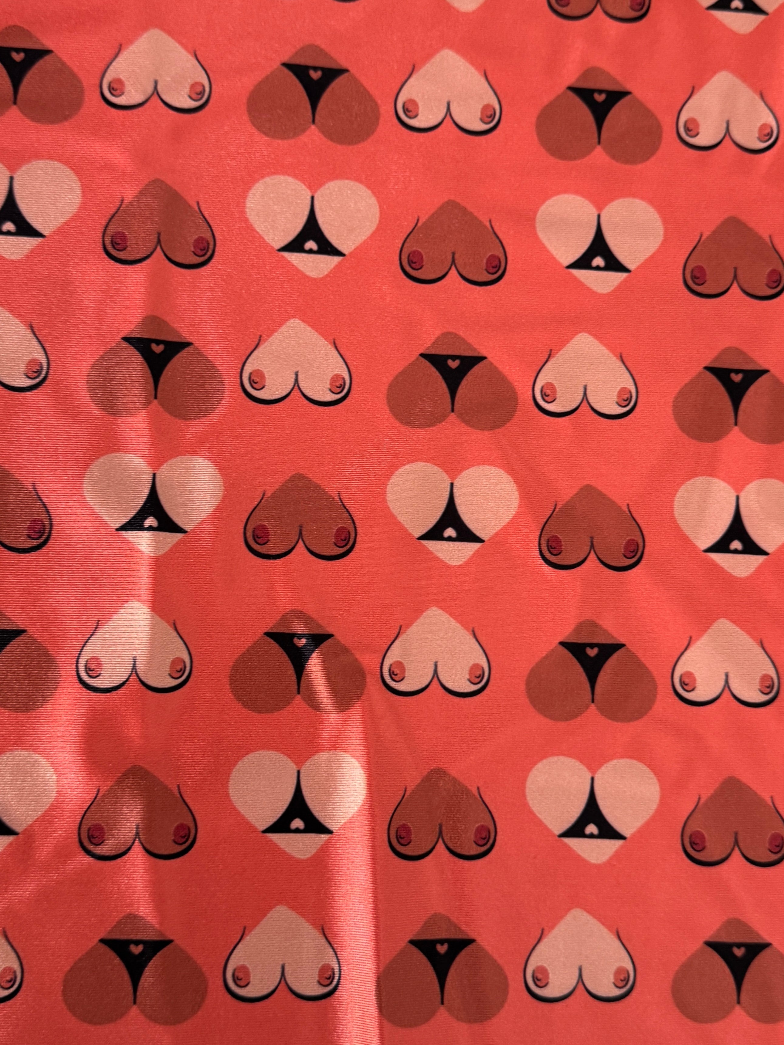 Cheeky Hearts Nylon Spandex, Nylon Spandex Print, Printed Spandex Fabric, Stretch Print Fabric, Printed Stretch Fabric, Spandex Print Fabric, Printed Fabric Stretch