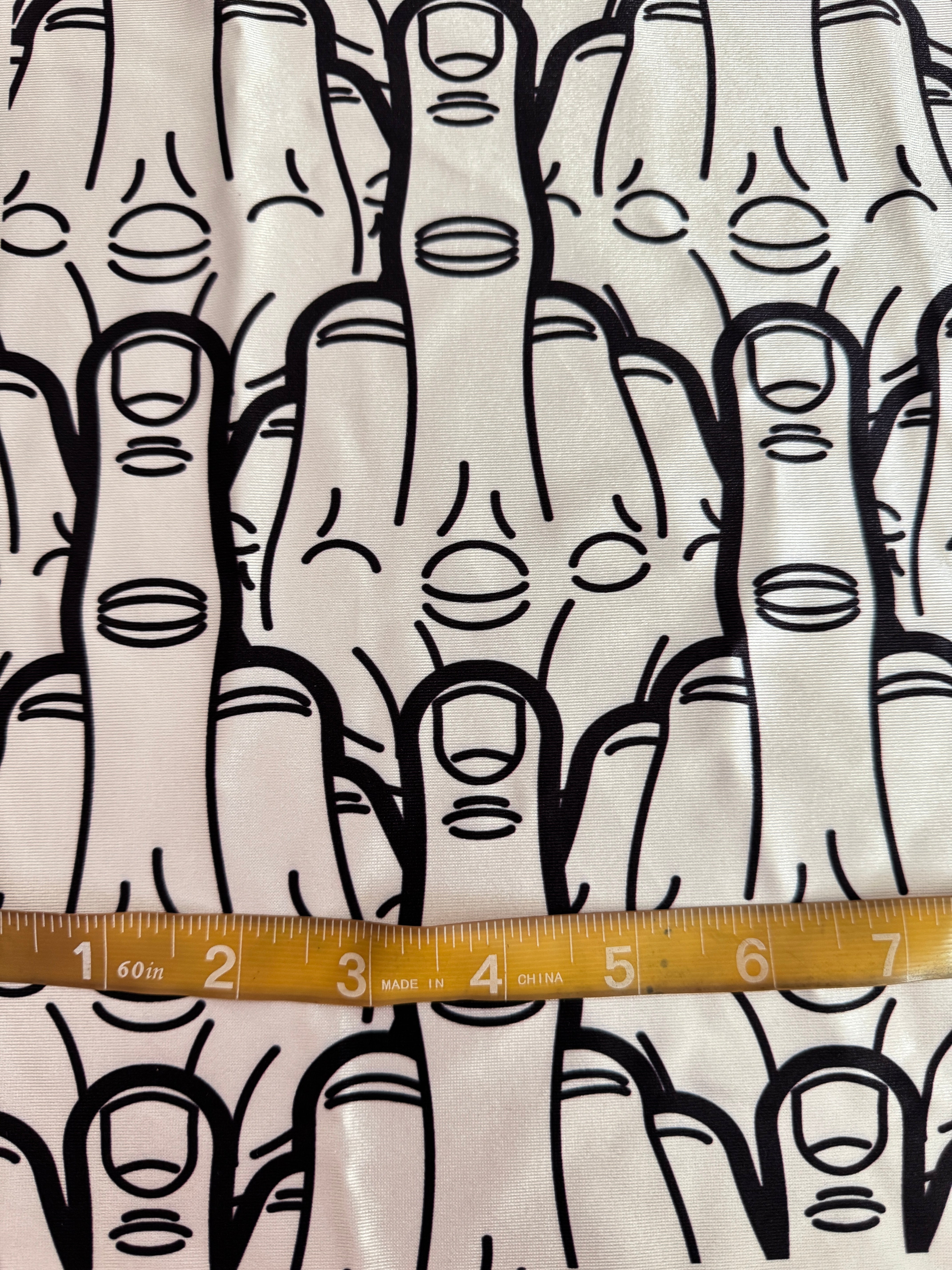 Middle Finger White & Black Nylon Spandex, Kiki Sewing Store, Luxury Fabric, Cheap Fabric Store, Kiki Textiles, Textile by the Yard, Los Angeles Fabrics