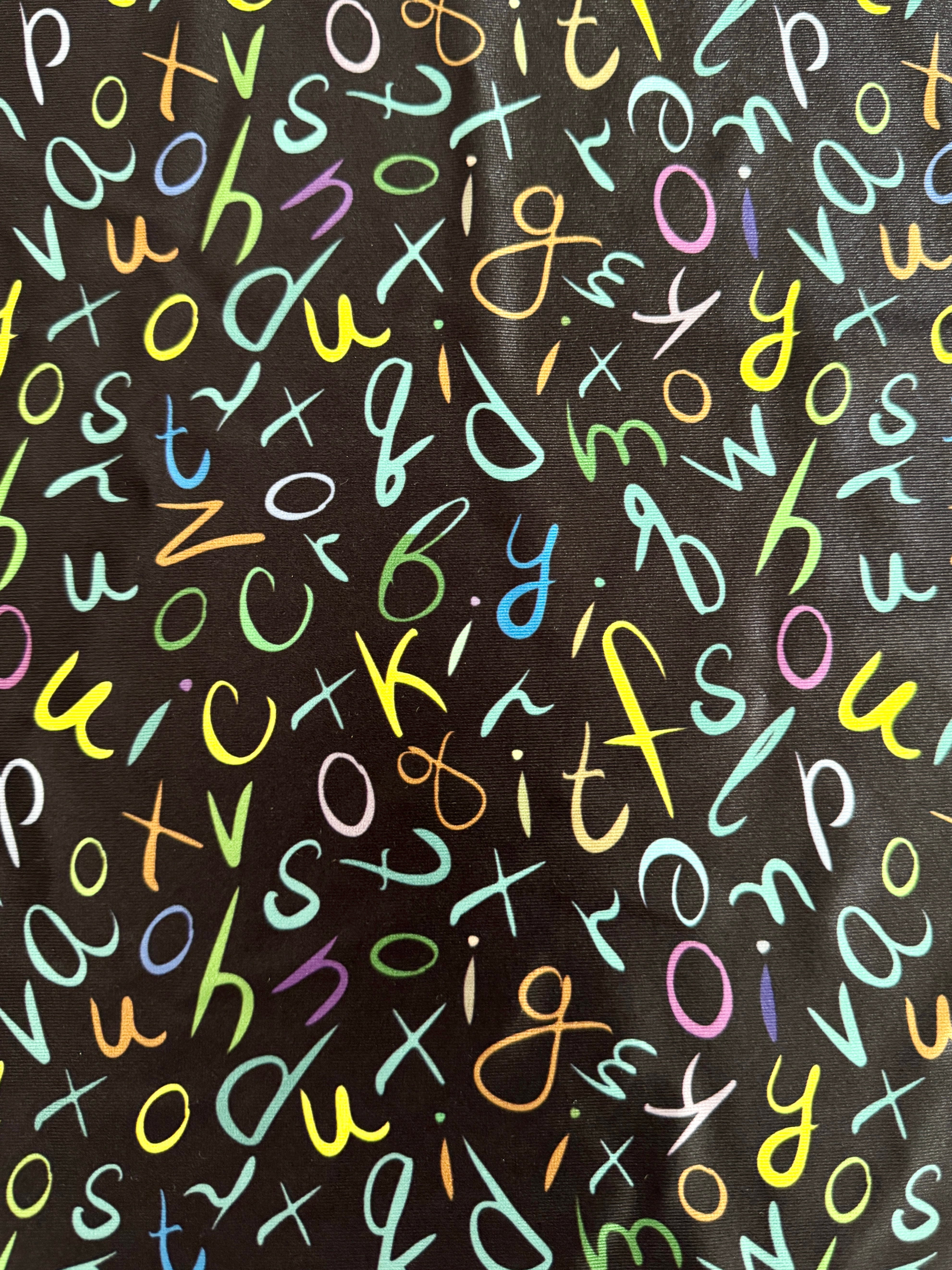 Multicolor Letter Scribble Nylon Spandex, Nylon Spandex Print, Printed Spandex Fabric, Stretch Print Fabric, Printed Stretch Fabric, Spandex Print Fabric, Printed Fabric Stretch