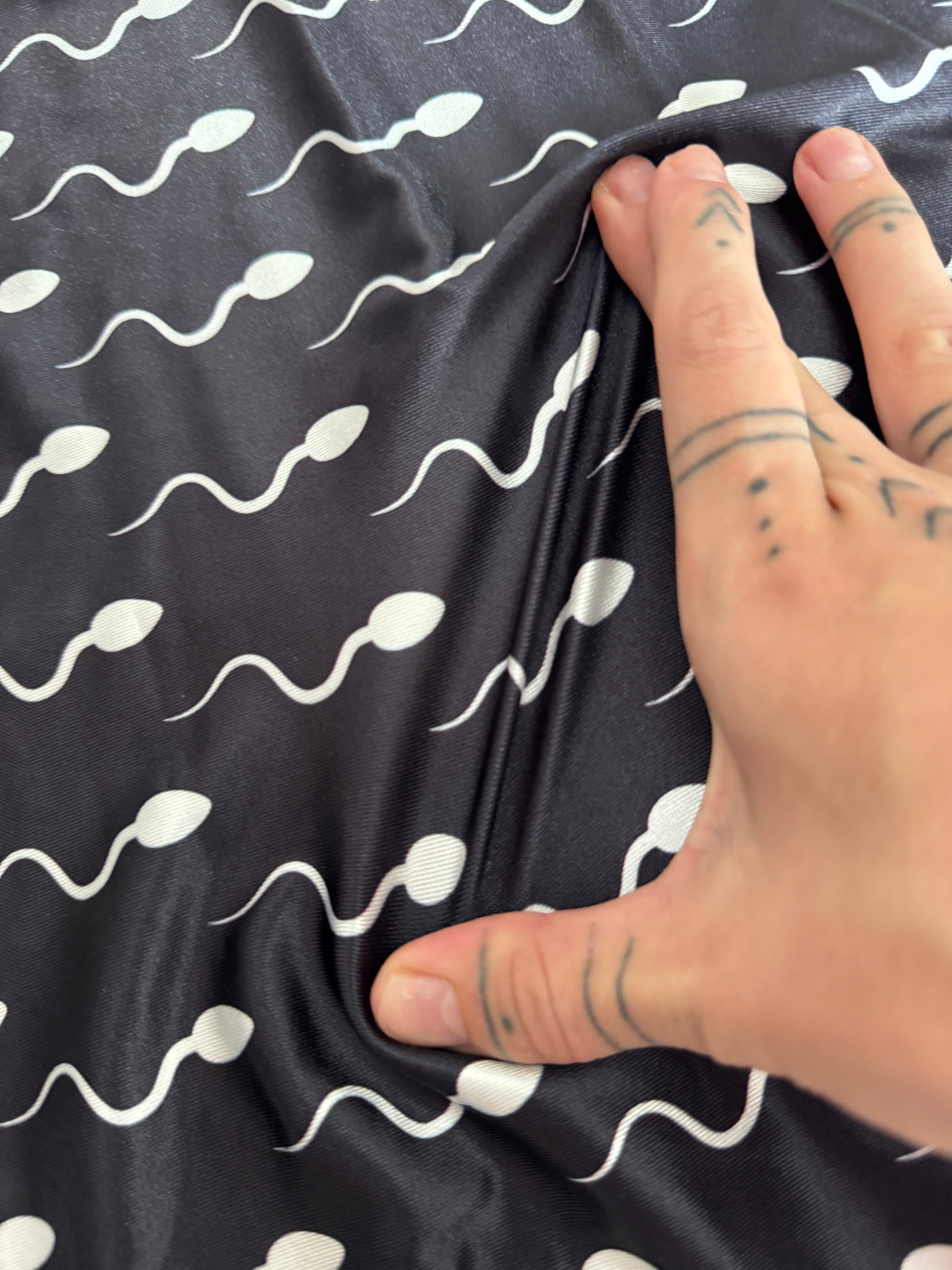 Black Sperm Print Nylon Spandex, Kiki Sewing Store, Luxury Fabric, Cheap Fabric Store, Kiki Textiles, Textile by the Yard, Los Angeles Fabrics
