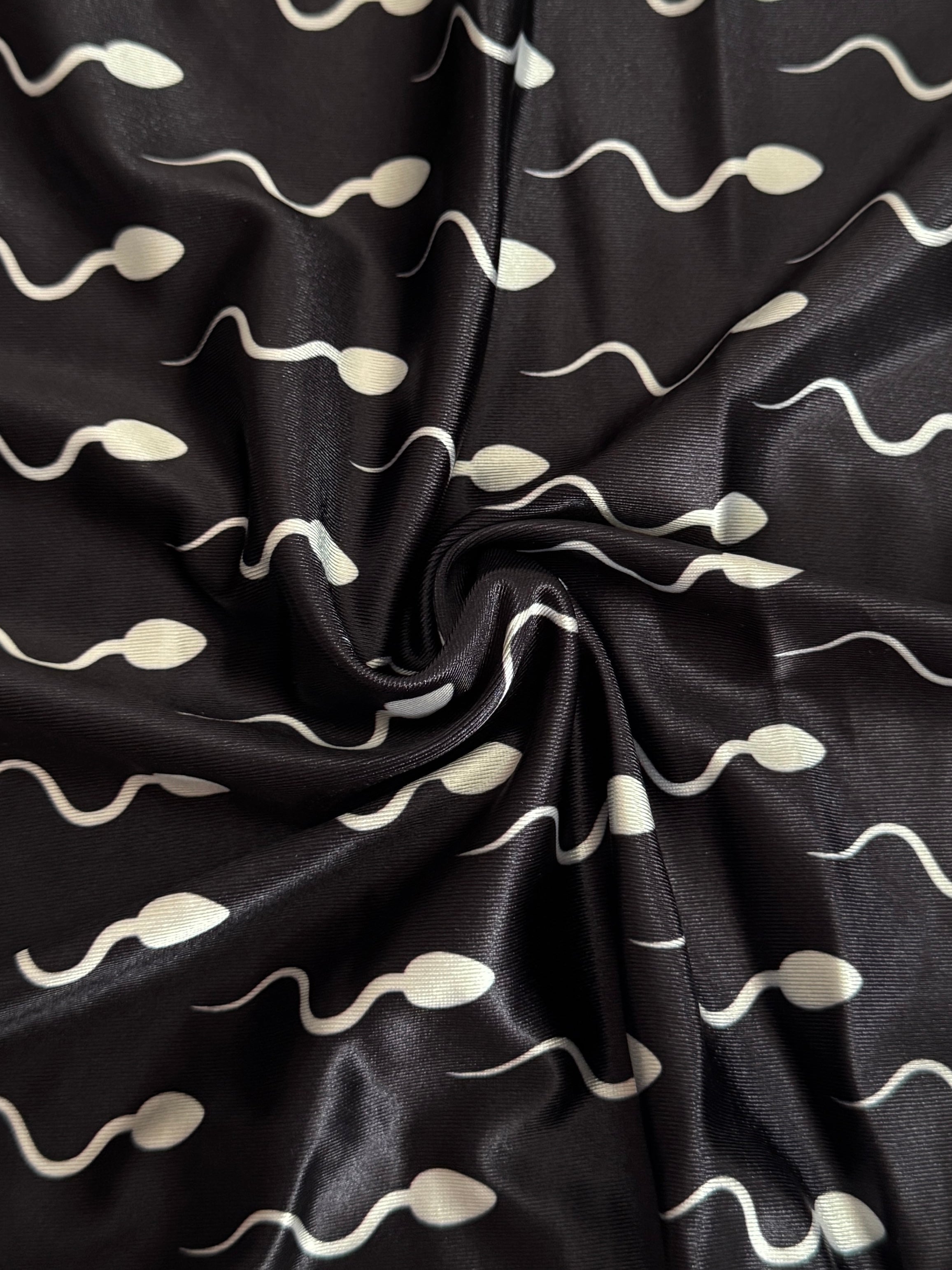 Black Sperm Print Nylon Spandex, Kiki Sewing Store, Luxury Fabric, Cheap Fabric Store, Kiki Textiles, Textile by the Yard, Los Angeles Fabrics
