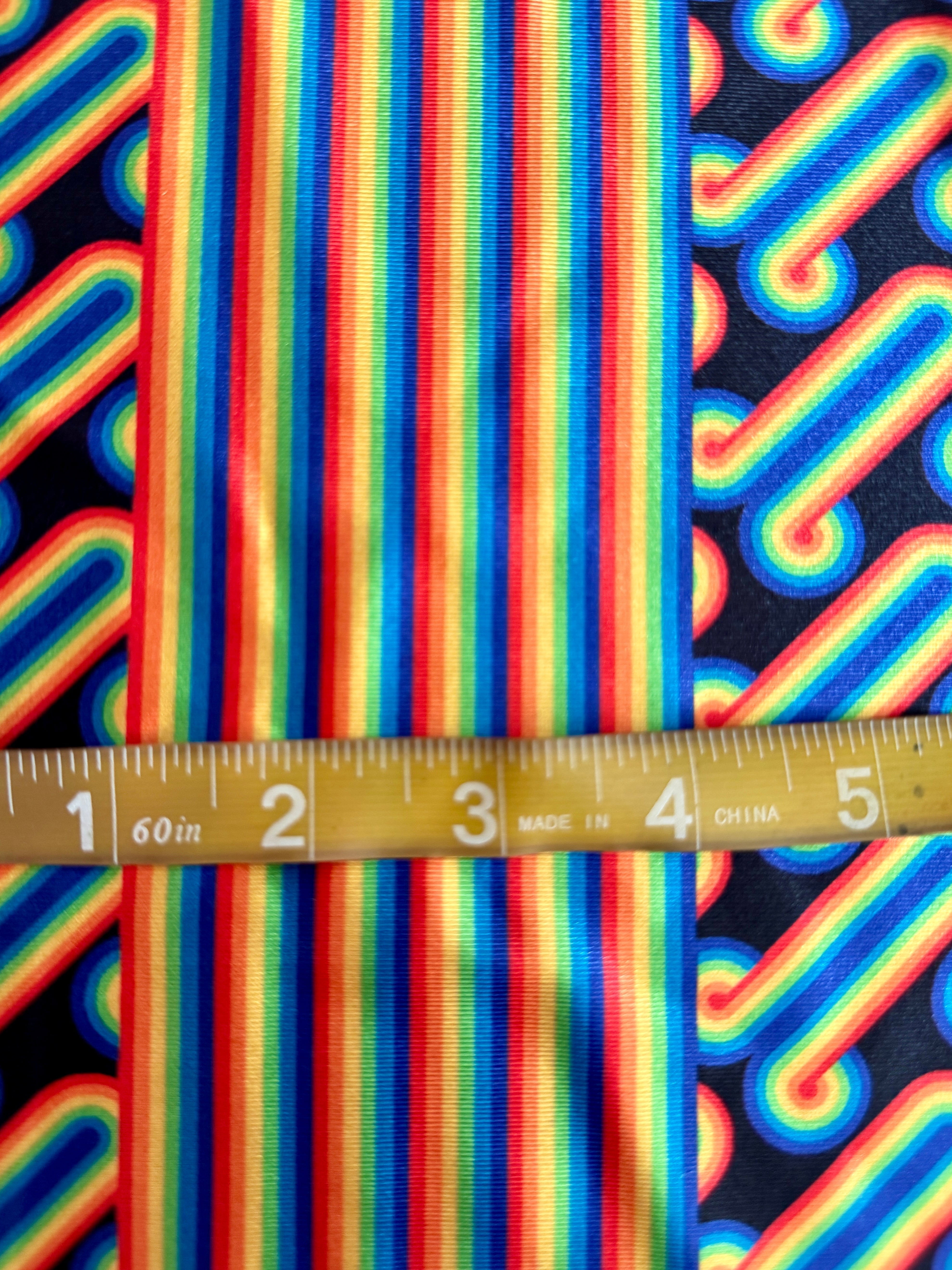 Black Retro Rainbow Graphic Nylon Spandex, Nylon Spandex Print, Printed Spandex Fabric, Stretch Print Fabric, Printed Stretch Fabric, Spandex Print Fabric, Printed Fabric Stretch