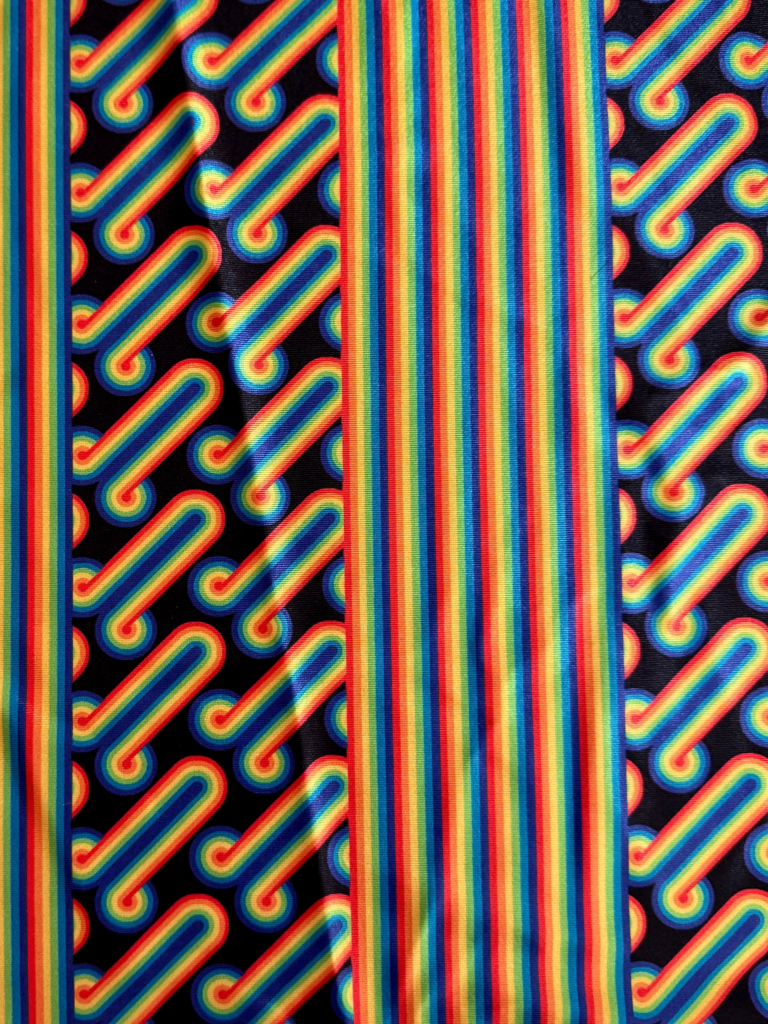 Black Retro Rainbow Graphic Nylon Spandex, Nylon Spandex Print, Printed Spandex Fabric, Stretch Print Fabric, Printed Stretch Fabric, Spandex Print Fabric, Printed Fabric Stretch
