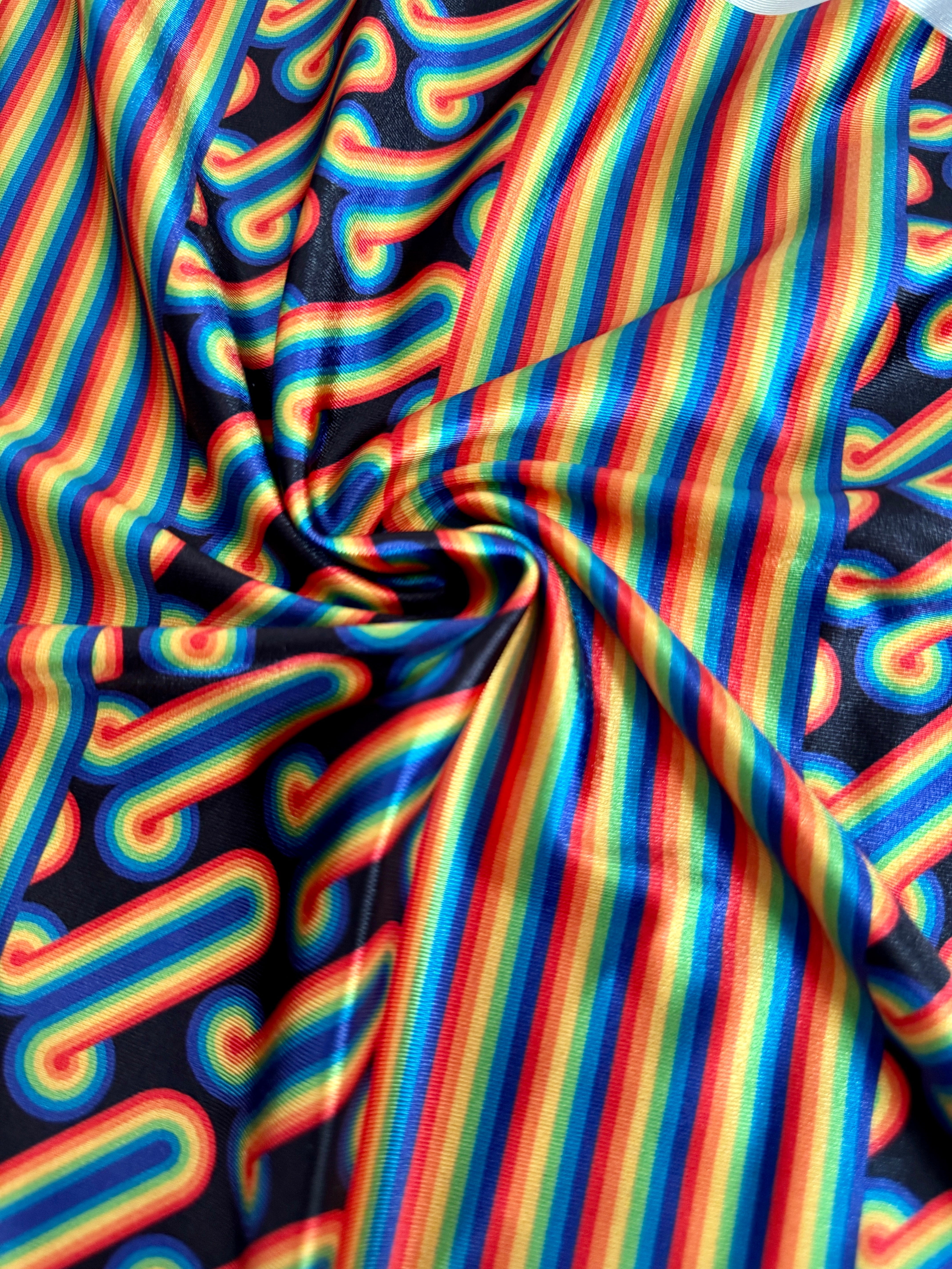 Black Retro Rainbow Graphic Nylon Spandex, Kiki Sewing Store, Luxury Fabric, Cheap Fabric Store, Kiki Textiles, Textile by the Yard, Los Angeles Fabrics