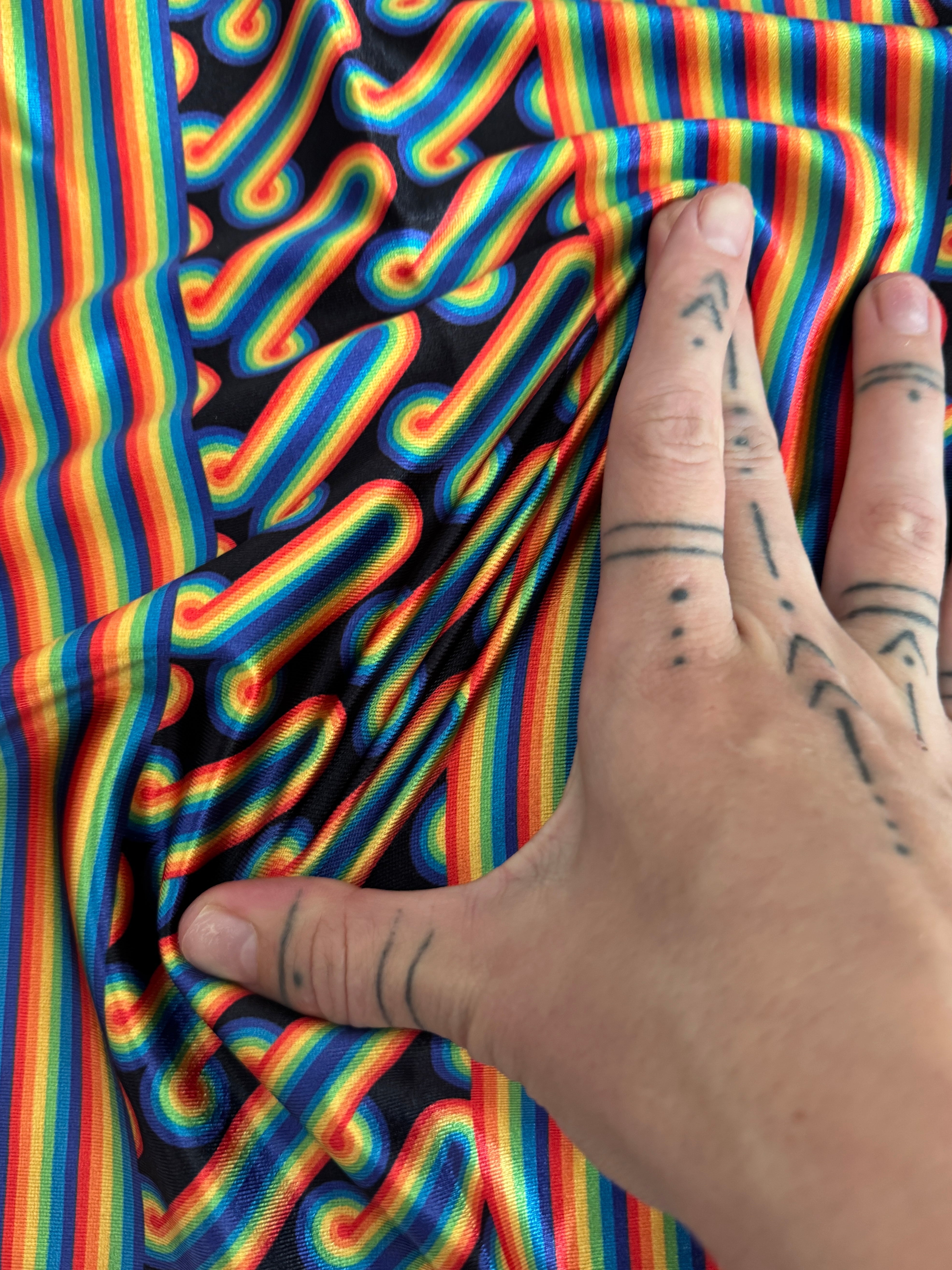 Black Retro Rainbow Graphic Nylon Spandex, Kiki Sewing Store, Luxury Fabric, Cheap Fabric Store, Kiki Textiles, Textile by the Yard, Los Angeles Fabrics