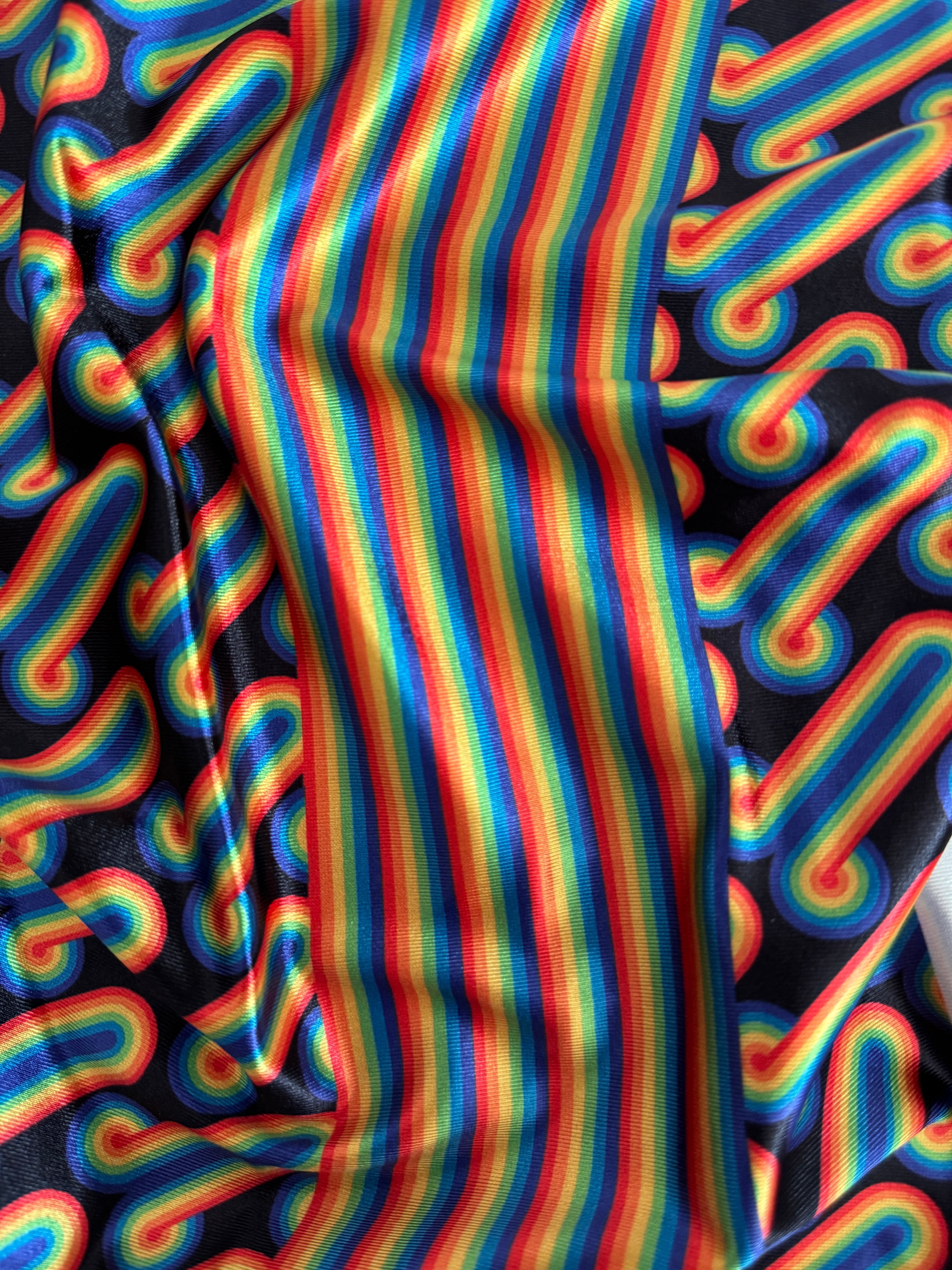 Black Retro Rainbow Graphic Nylon Spandex, Kiki Sewing Store, Luxury Fabric, Cheap Fabric Store, Kiki Textiles, Textile by the Yard, Los Angeles Fabrics