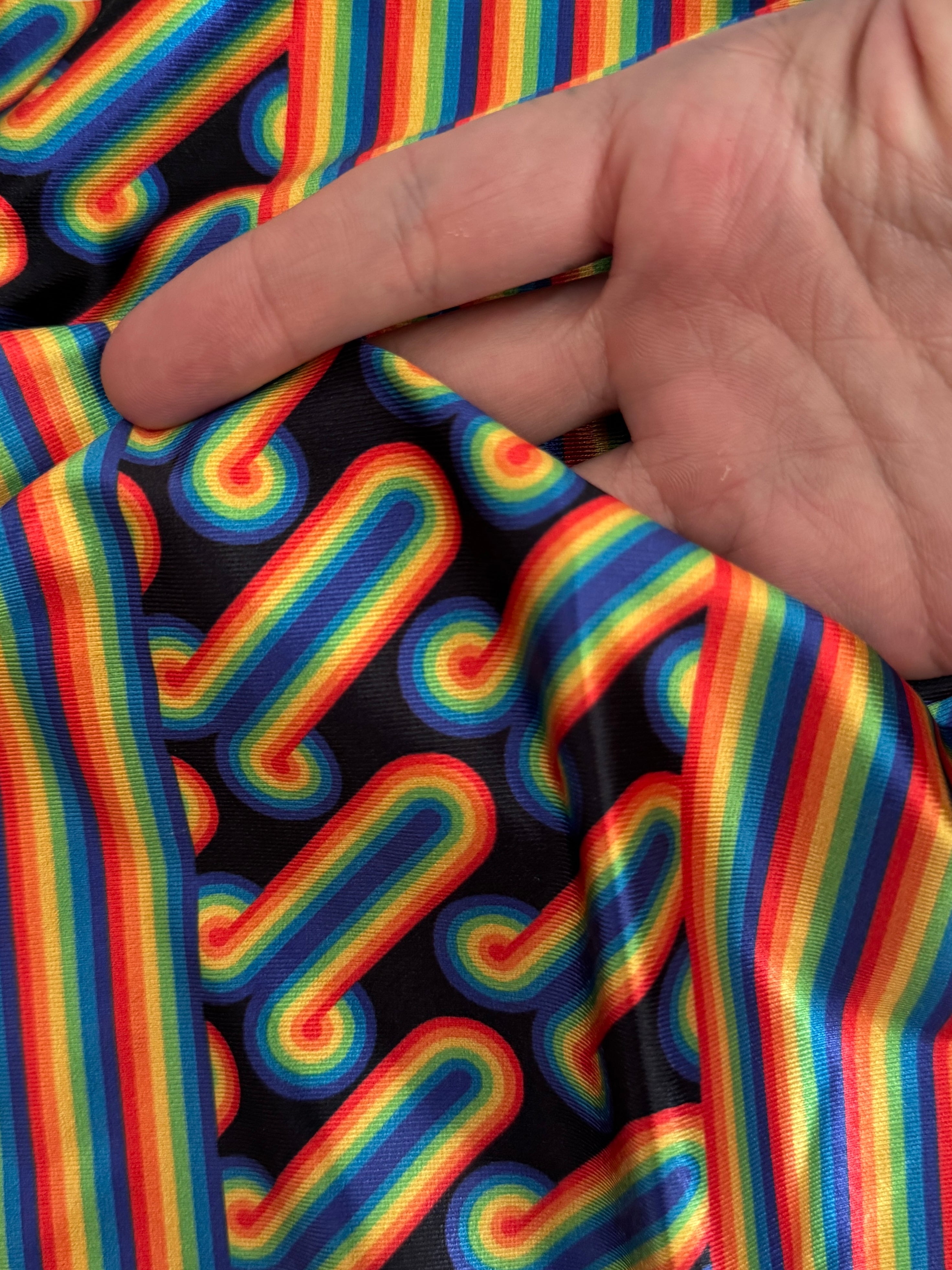 Black Retro Rainbow Graphic Nylon Spandex, Kiki Sewing Store, Luxury Fabric, Cheap Fabric Store, Kiki Textiles, Textile by the Yard, Los Angeles Fabrics