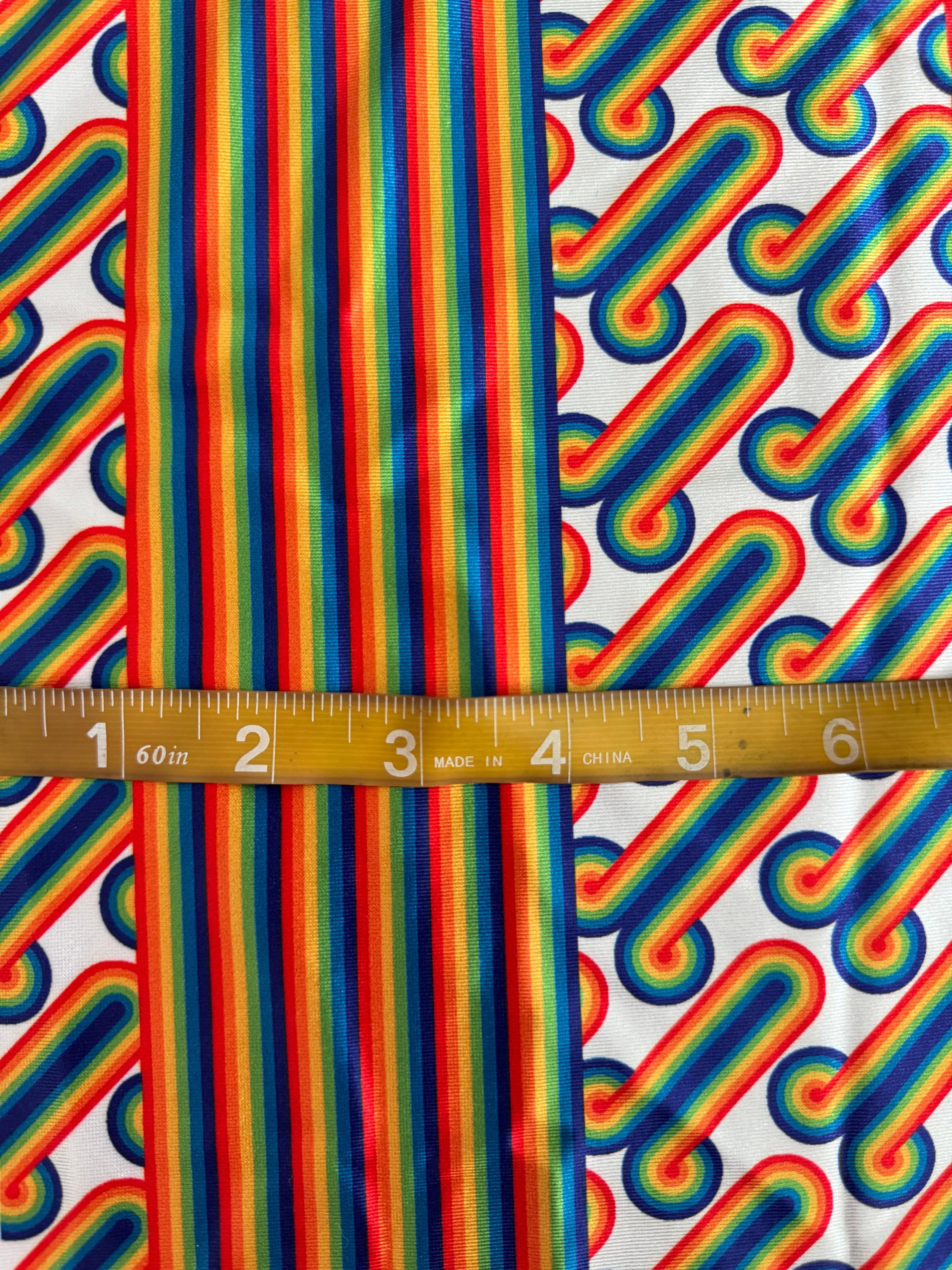 White Retro Rainbow Graphic Nylon Spandex, Nylon Spandex Print, Printed Spandex Fabric, Stretch Print Fabric, Printed Stretch Fabric, Spandex Print Fabric, Printed Fabric Stretch