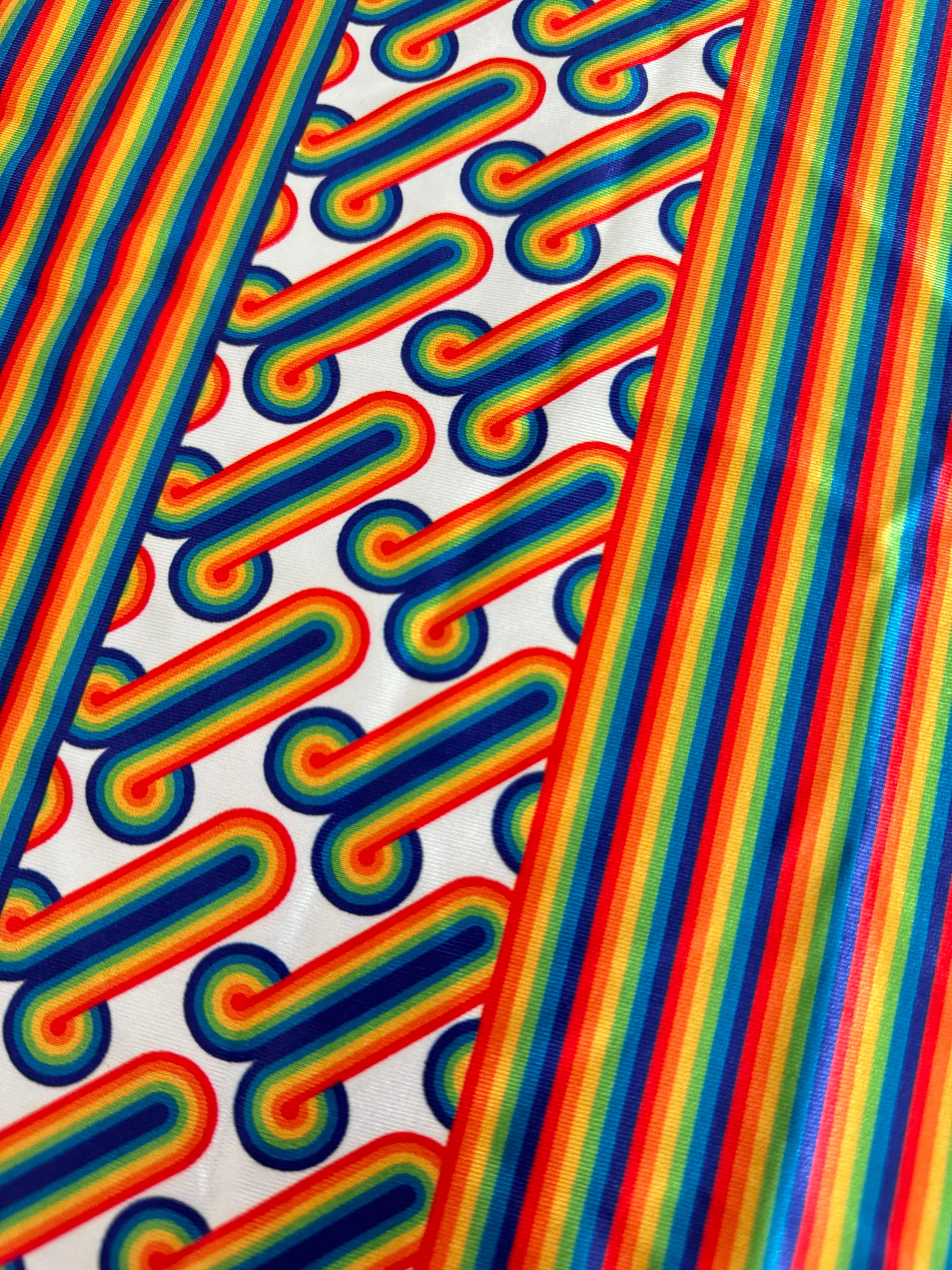 White Retro Rainbow Graphic Nylon Spandex, Kiki Sewing Store, Luxury Fabric, Cheap Fabric Store, Kiki Textiles, Textile by the Yard, Los Angeles Fabrics