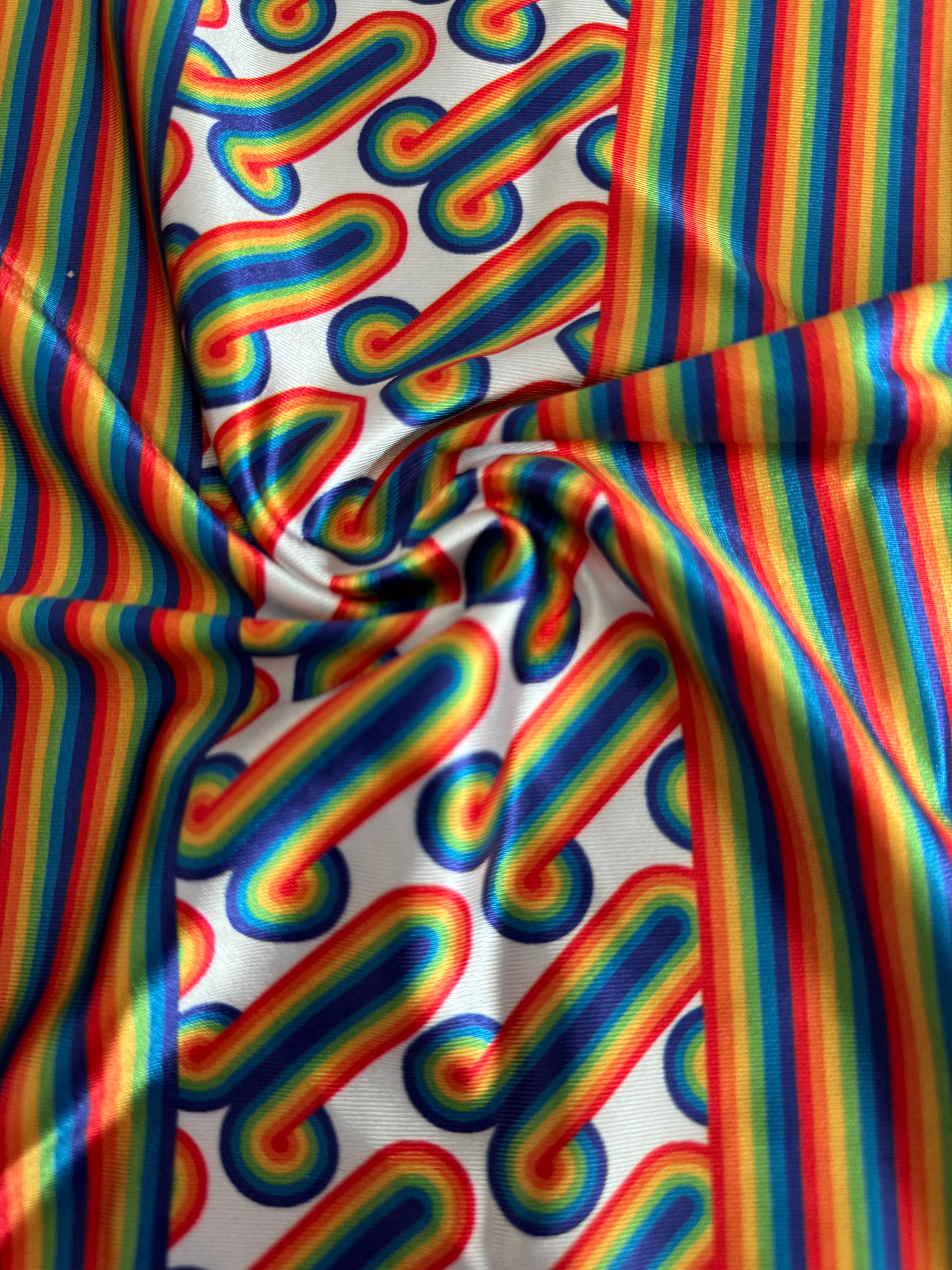 White Retro Rainbow Graphic Nylon Spandex, Kiki Sewing Store, Luxury Fabric, Cheap Fabric Store, Kiki Textiles, Textile by the Yard, Los Angeles Fabrics