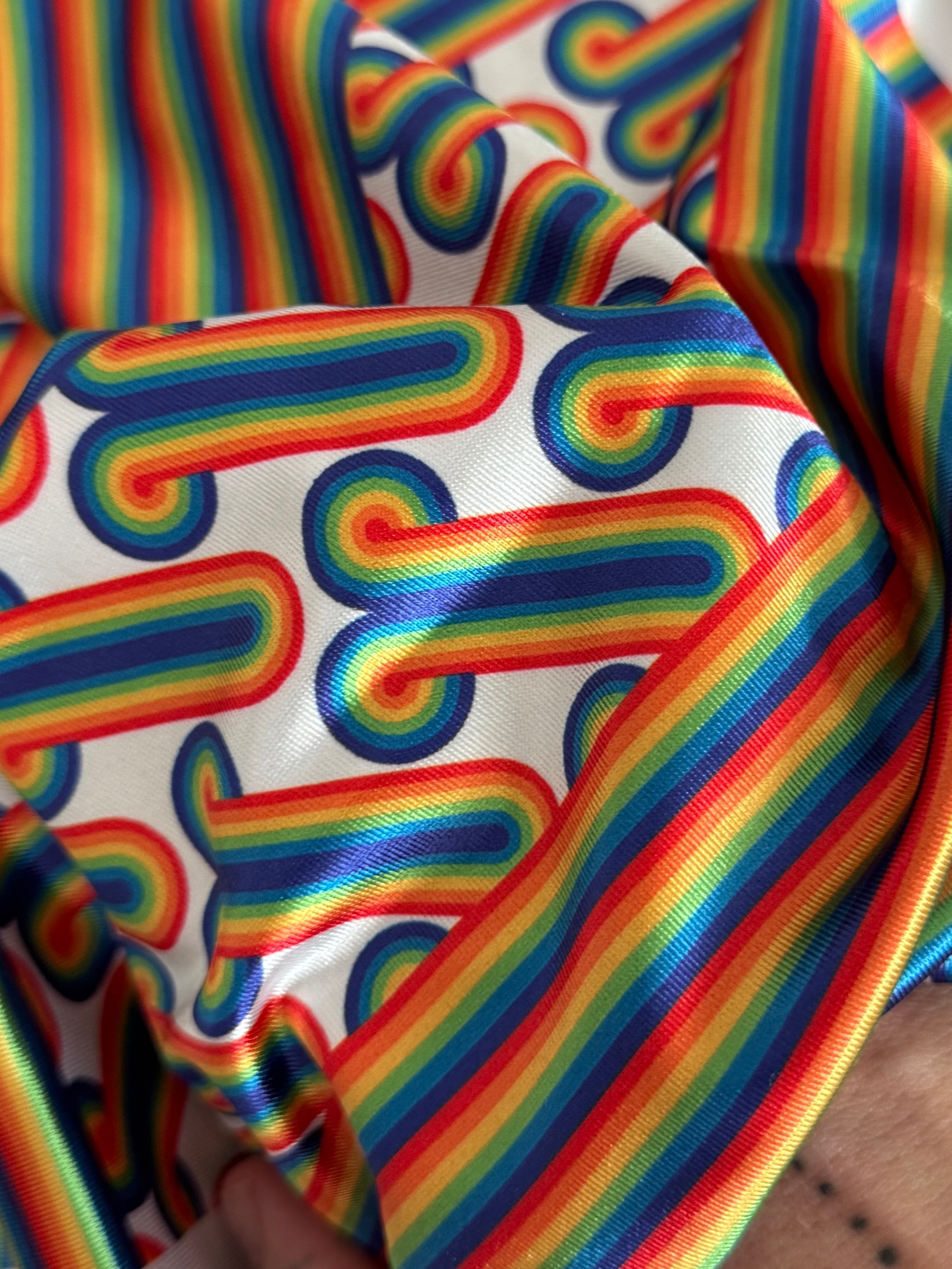 White Retro Rainbow Graphic Nylon Spandex, Kiki Sewing Store, Luxury Fabric, Cheap Fabric Store, Kiki Textiles, Textile by the Yard, Los Angeles Fabrics