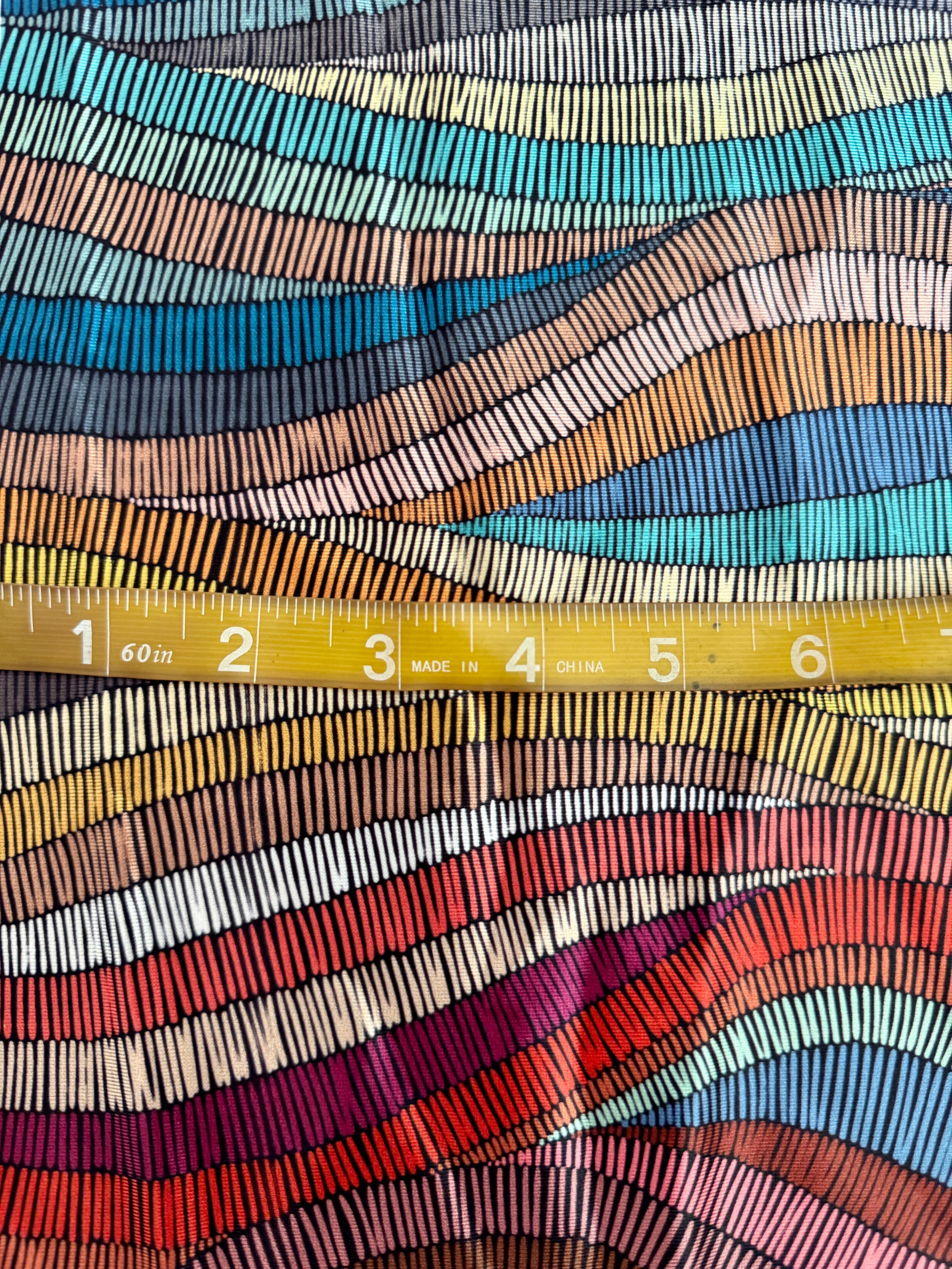 Abstract Colorful Wave Lines Nylon Spandex, Kiki Sewing Store, Luxury Fabric, Cheap Fabric Store, Kiki Textiles, Textile by the Yard, Los Angeles Fabrics