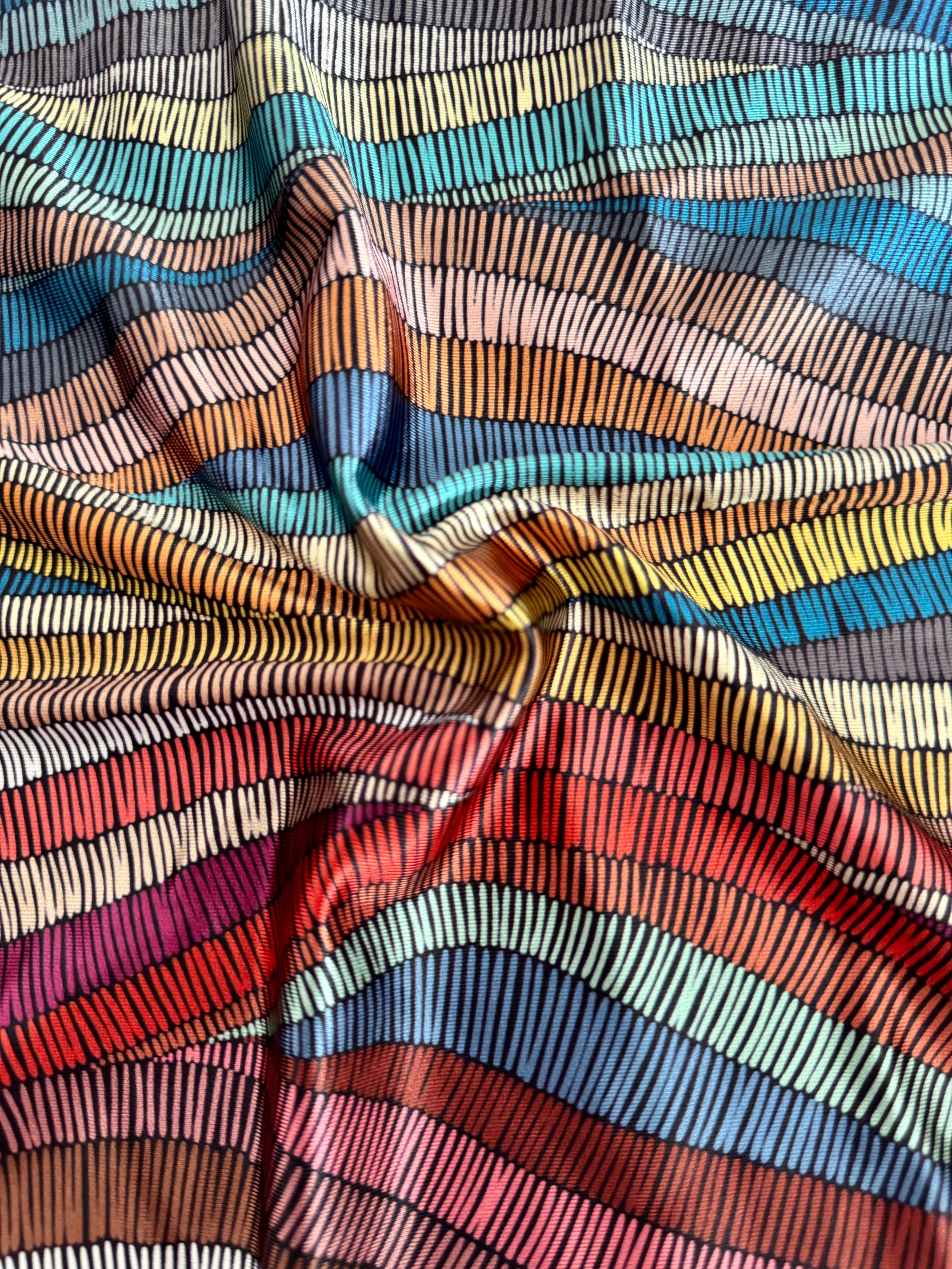 Abstract Colorful Wave Lines Nylon Spandex, Nylon Spandex Print, Printed Spandex Fabric, Stretch Print Fabric, Printed Stretch Fabric, Spandex Print Fabric, Printed Fabric Stretch