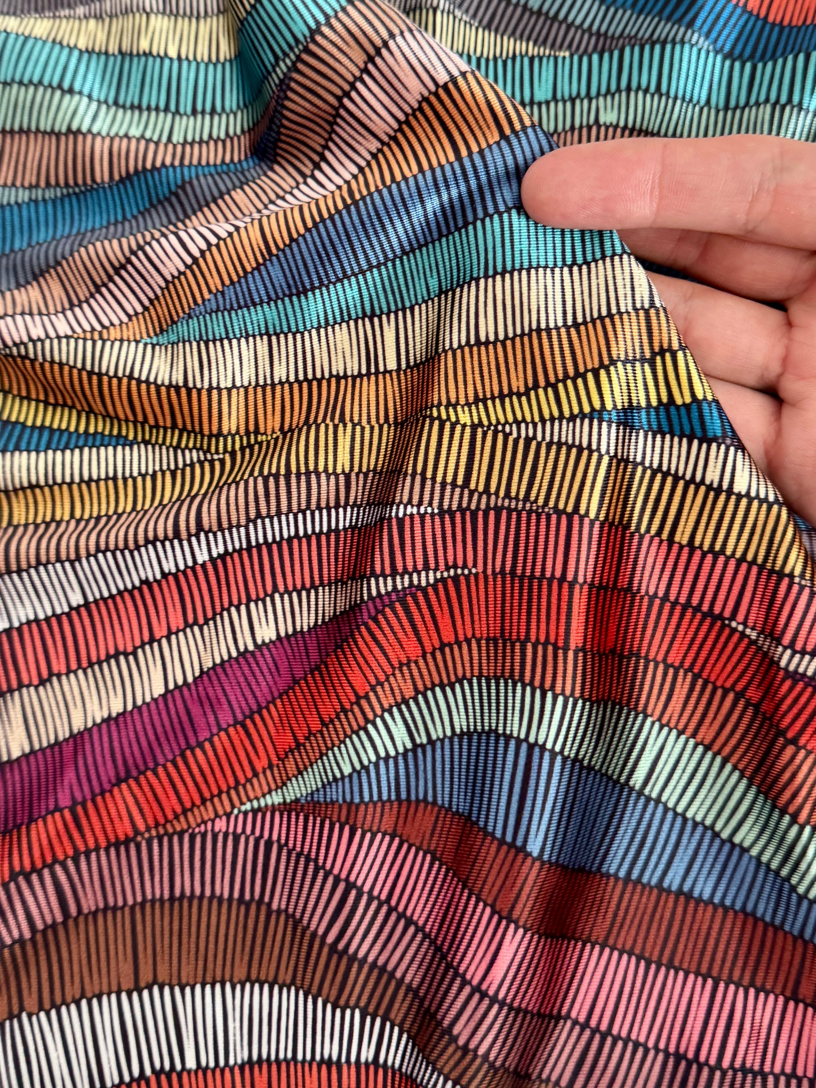 Abstract Colorful Wave Lines Nylon Spandex, Kiki Sewing Store, Luxury Fabric, Cheap Fabric Store, Kiki Textiles, Textile by the Yard, Los Angeles Fabrics