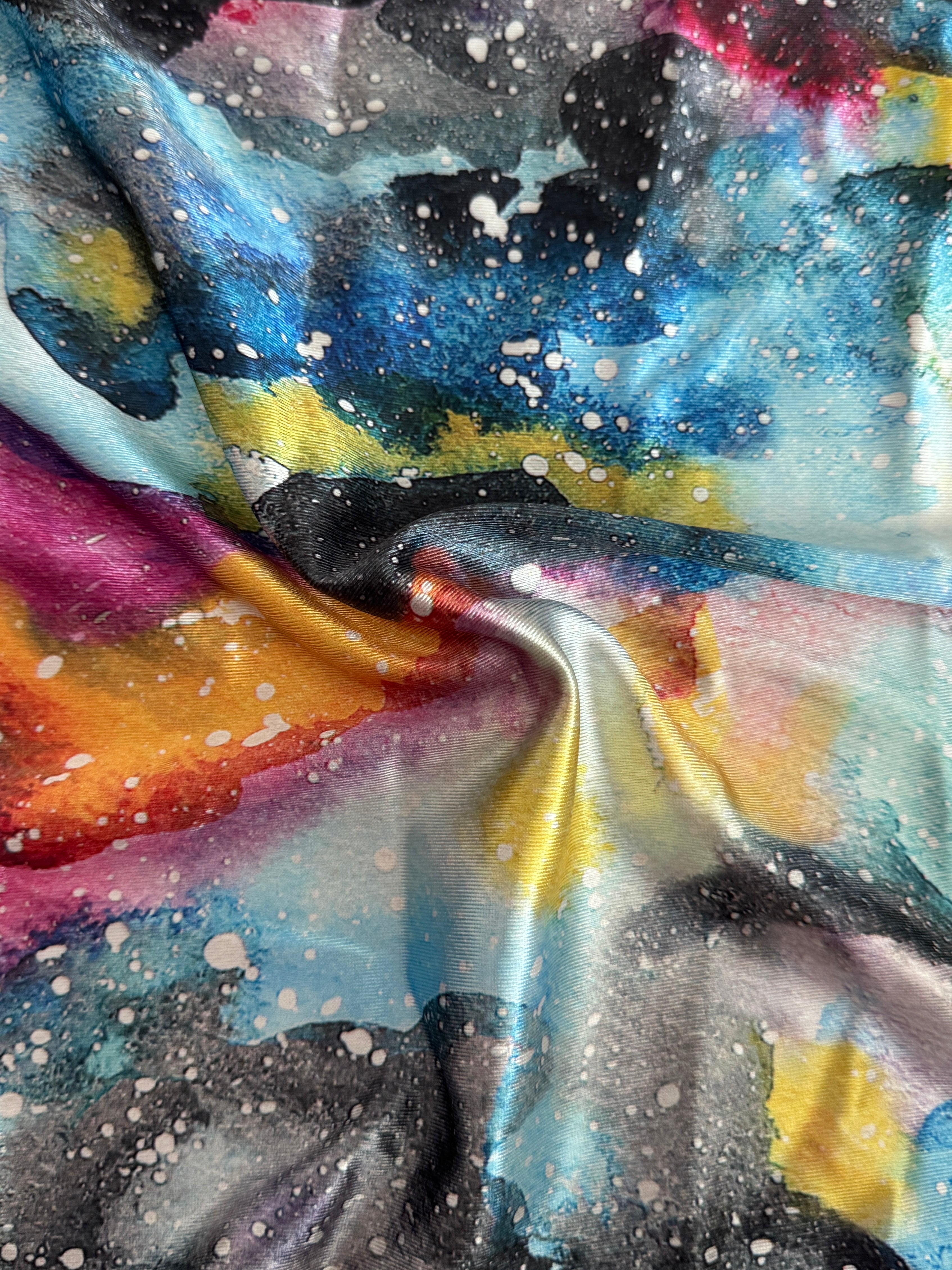 Watercolor Galaxy Splash Nylon Spandex, Kiki Sewing Store, Luxury Fabric, Cheap Fabric Store, Kiki Textiles, Textile by the Yard, Los Angeles Fabrics
