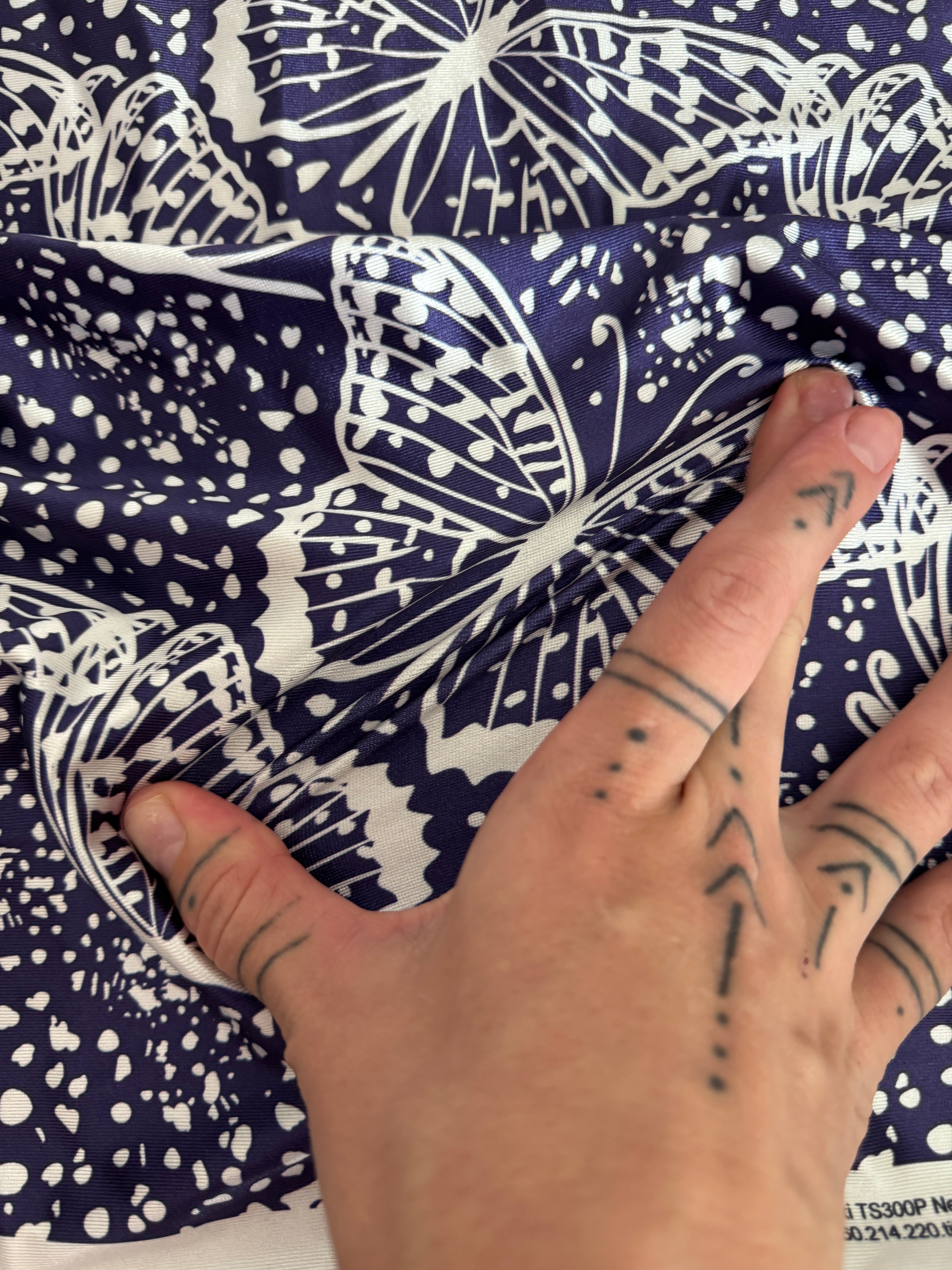 Navy Butterfly Print Nylon Spandex, Kiki Sewing Store, Luxury Fabric, Cheap Fabric Store, Kiki Textiles, Textile by the Yard, Los Angeles Fabrics