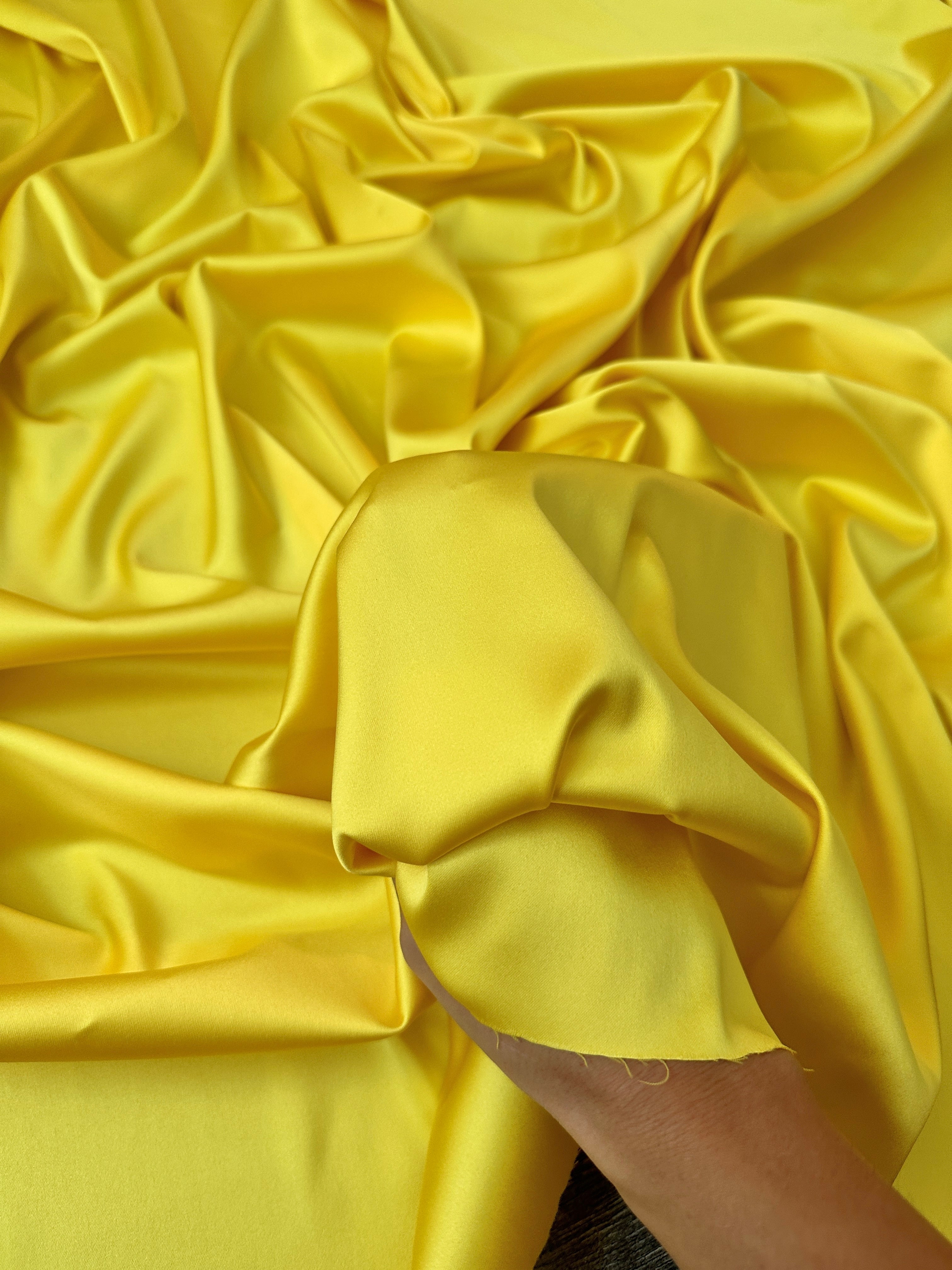  yellow stretch crepe back satin, light yellow stretch crepe back satin, dark yellow stretch crepe back satin, premium stretch crepe back satin, satin for bride, satin for woman, satin in low price, cheap satin, satin on sale