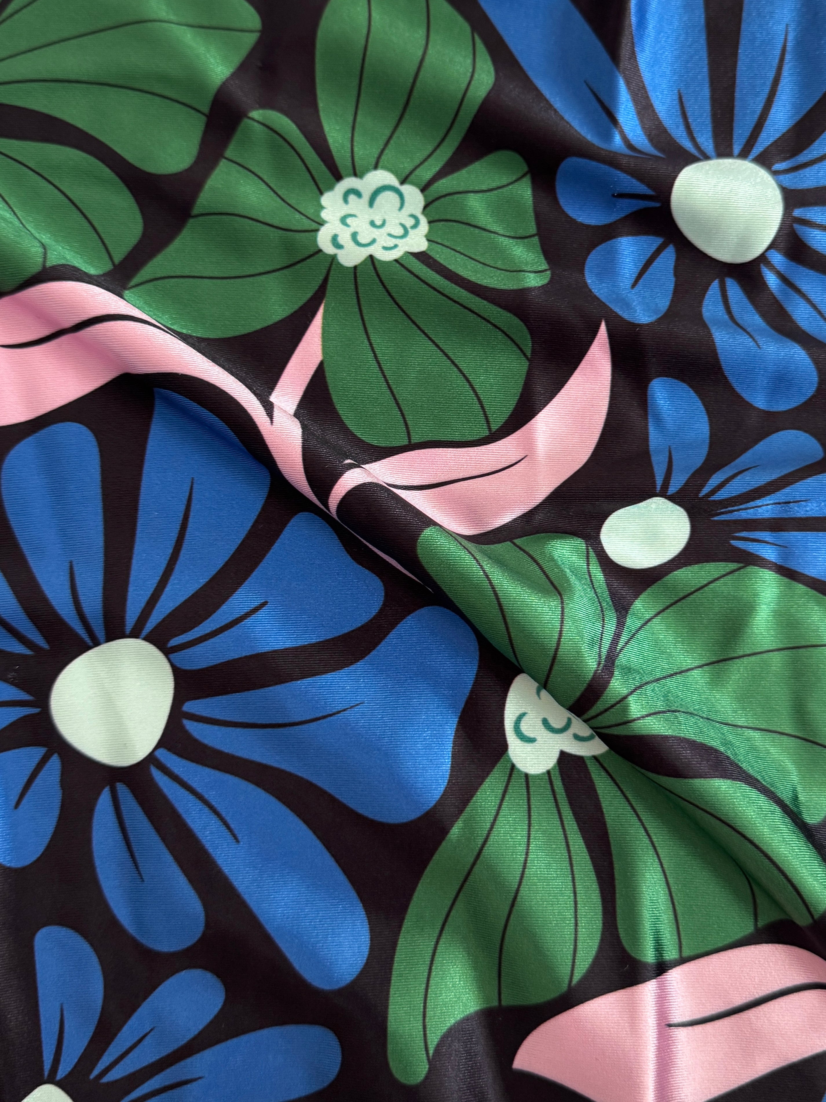 Blue Retro Blossom Flowers Nylon Spandex, Kiki Sewing Store, Luxury Fabric, Cheap Fabric Store, Kiki Textiles, Textile by the Yard, Los Angeles Fabrics